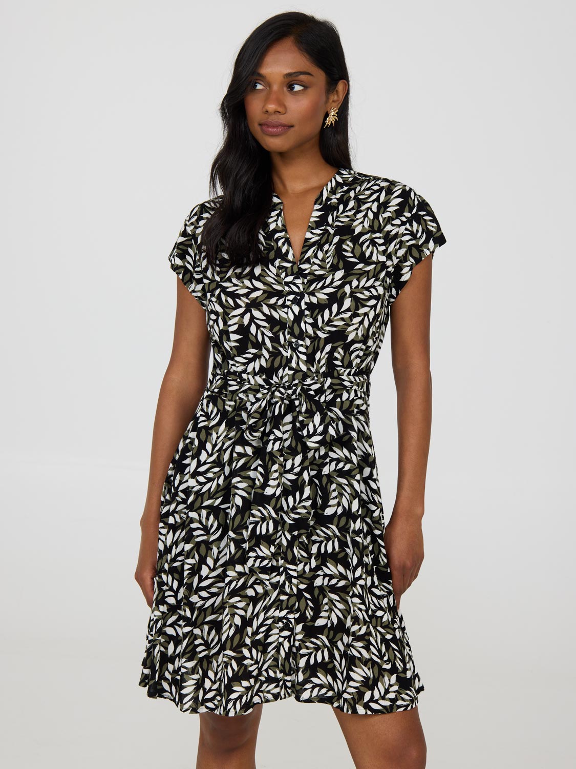 Robe texturée boutonnée à imprimé tropical