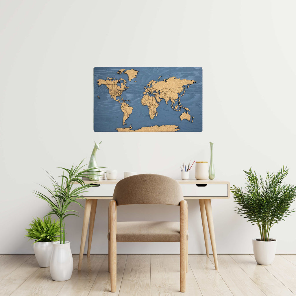 Carte du monde en liège et bois 3D à épingles | 24 x 14