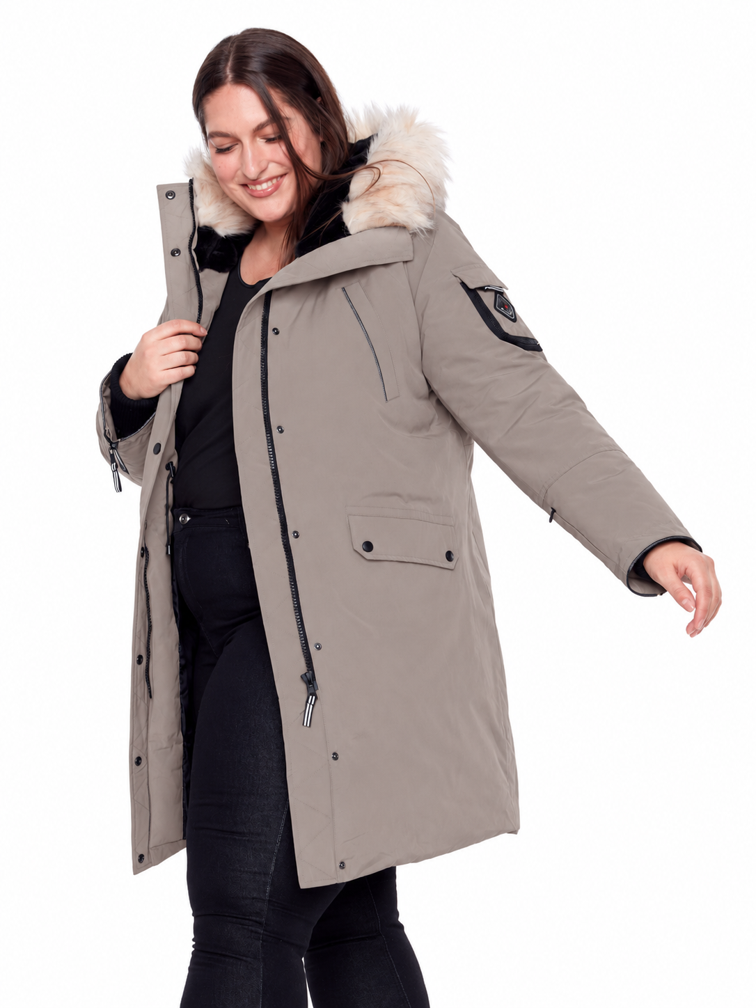 LAURENTIAN PLUS | WOMEN'S VEGAN DOWN (RECYCLED) LONG PARKA, TAUPE (PLUS SIZE)