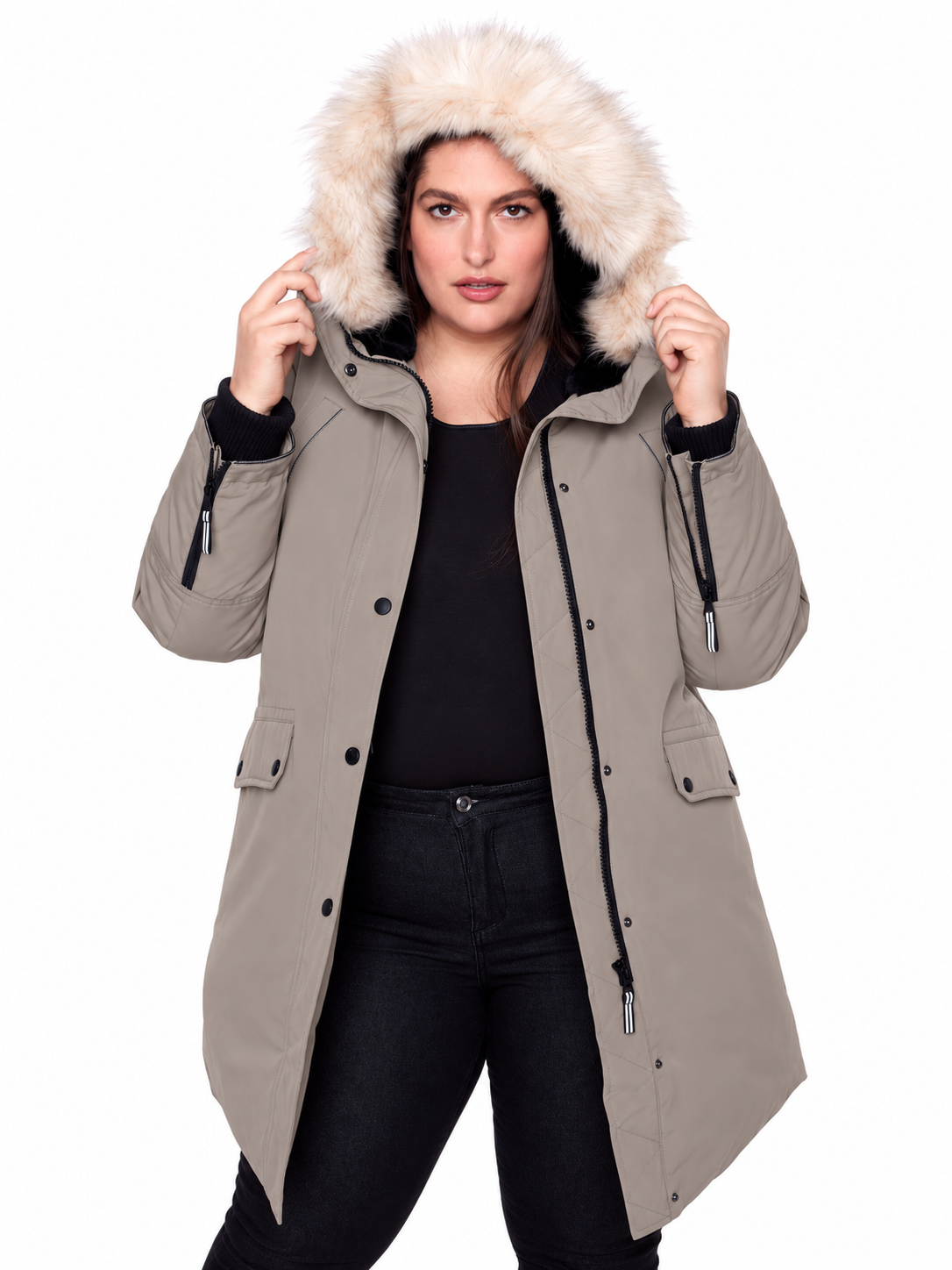 LAURENTIAN PLUS | WOMEN'S VEGAN DOWN (RECYCLED) LONG PARKA, TAUPE (PLUS SIZE)
