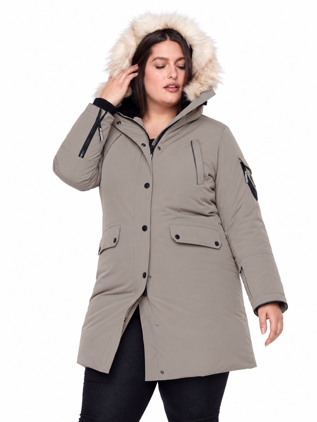 LAURENTIAN PLUS | WOMEN'S VEGAN DOWN (RECYCLED) LONG PARKA, TAUPE (PLUS SIZE)