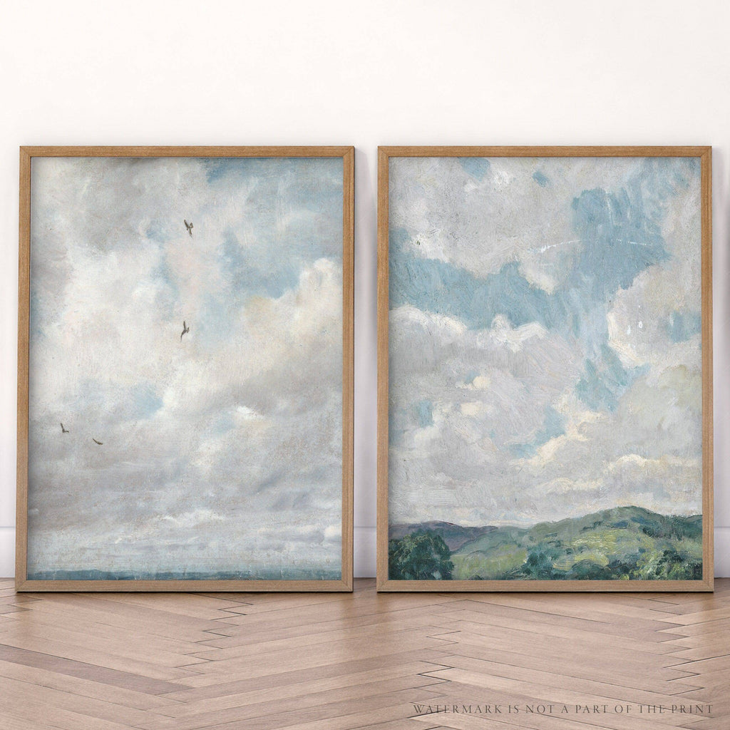 Cloud Study Art Print Set of 2 – Muted Sky & Countryside Landscape Poster