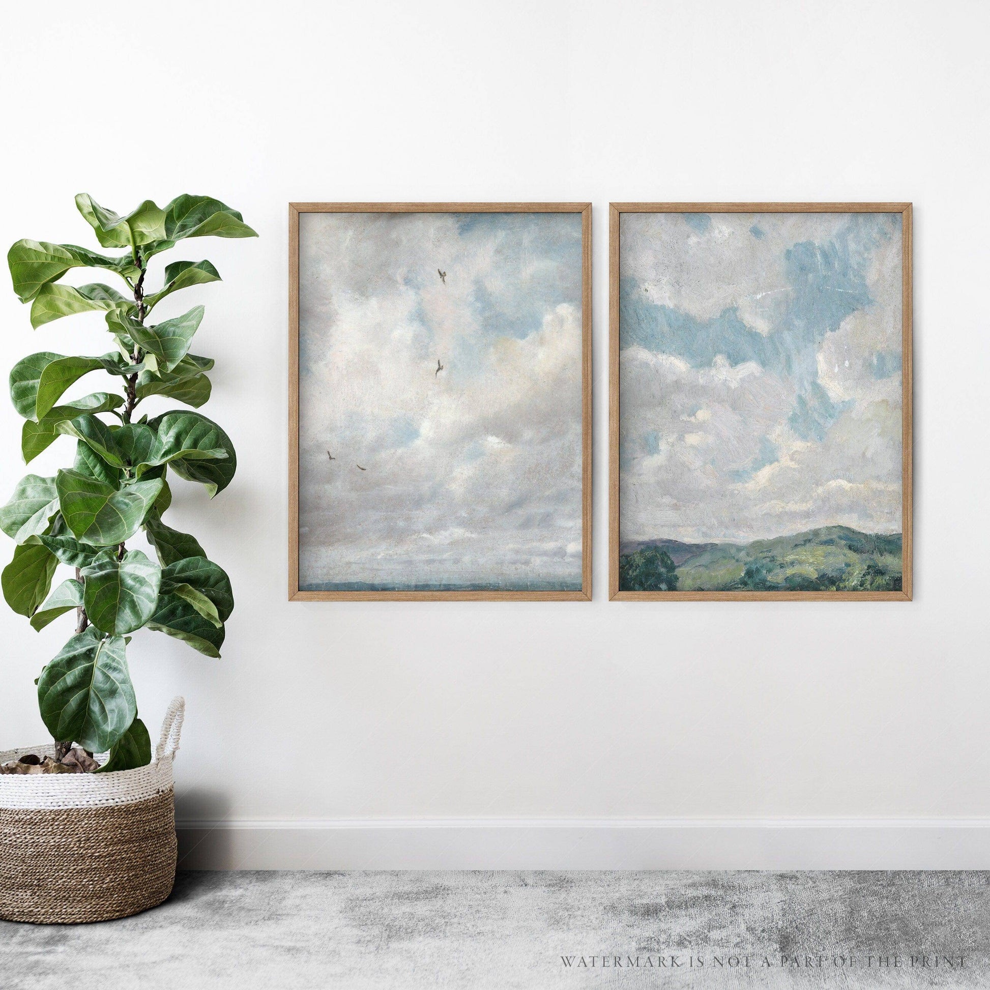 Cloud Study Art Print Set of 2 – Muted Sky & Countryside Landscape Poster