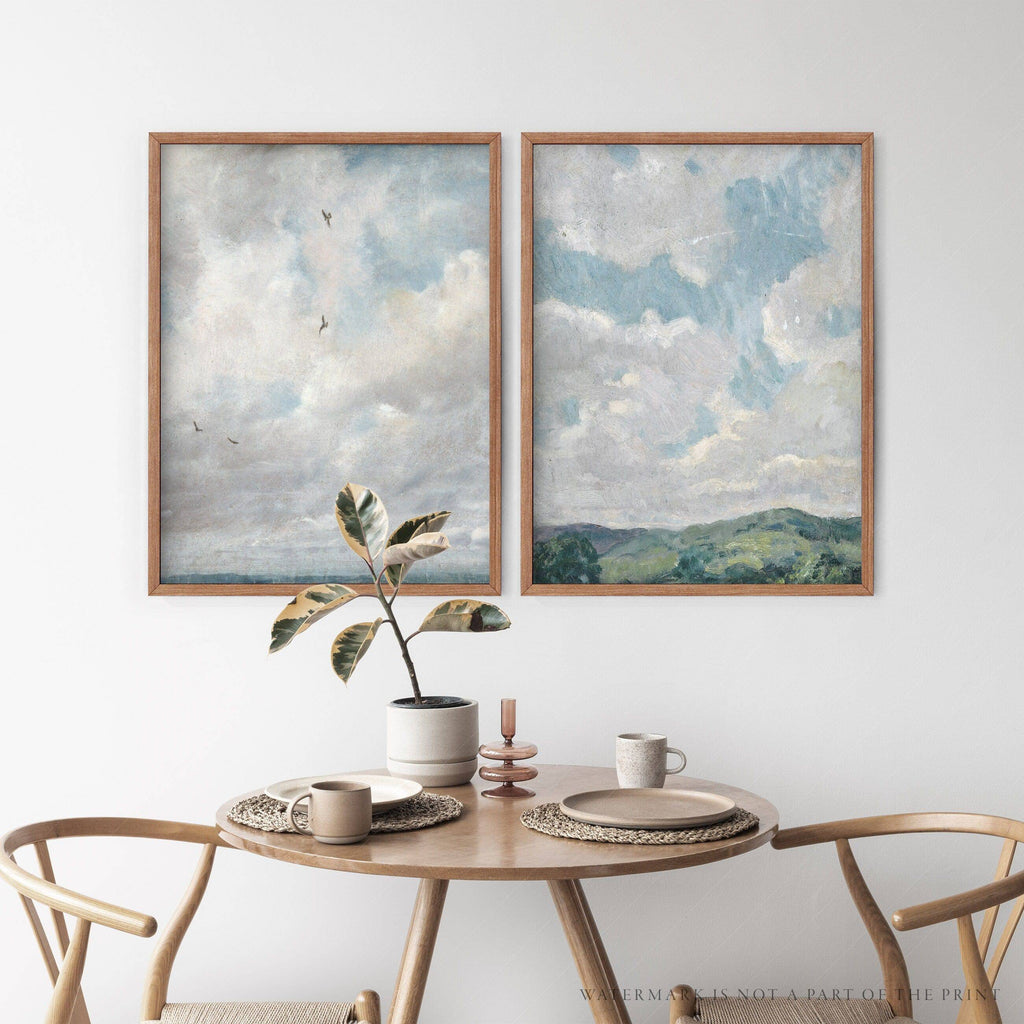 Cloud Study Art Print Set of 2 – Muted Sky & Countryside Landscape Poster