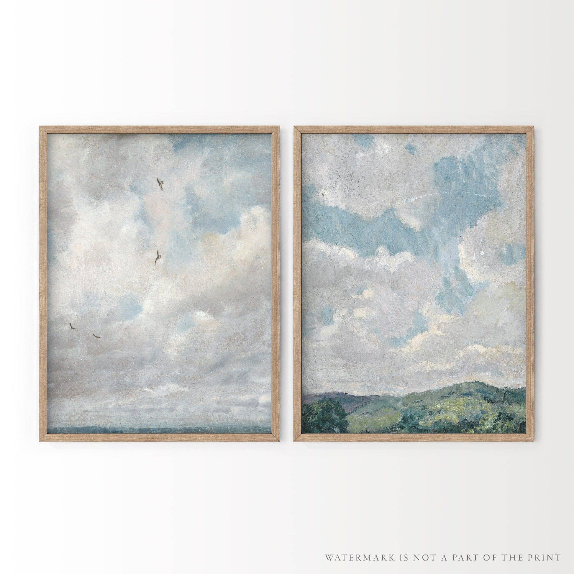 Cloud Study Art Print Set of 2 – Muted Sky & Countryside Landscape Poster