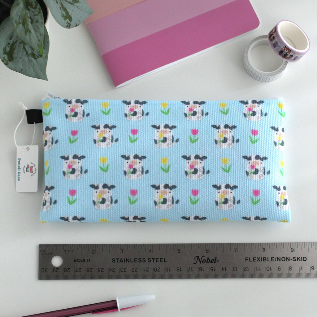 Trousse à crayons/pochette zippée Vaches avec tulipes