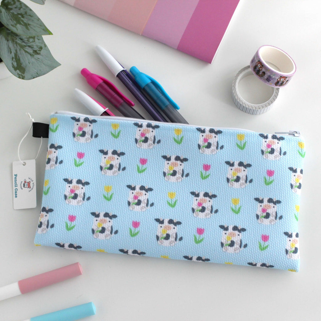 Trousse à crayons/pochette zippée Vaches avec tulipes