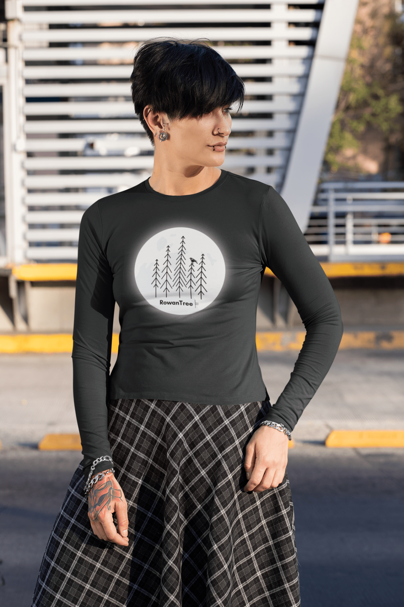 Moonlit Grove Long Sleeve – Minimalist Forest, Printed in Canada | RowanTree