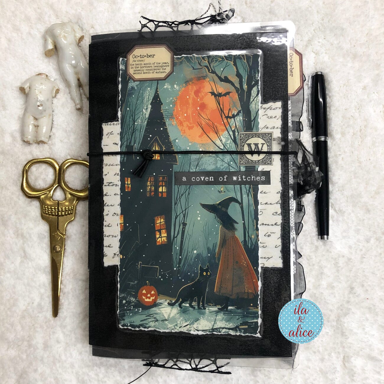 Cute Witch & Black Cat Halloween Junk Journal Filled #1