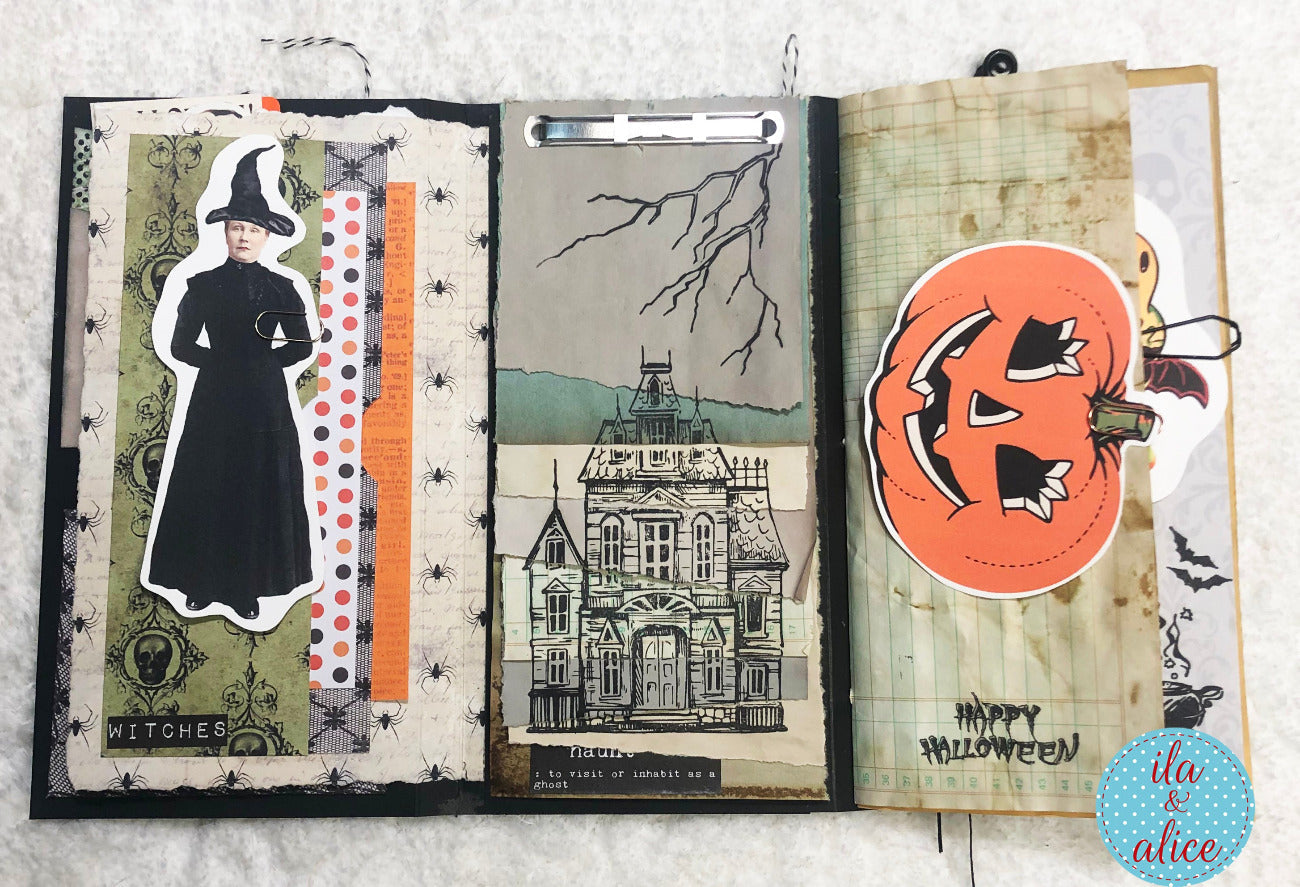 Joli folio d'Halloween avec citrouilles lumineuses et maison hantée