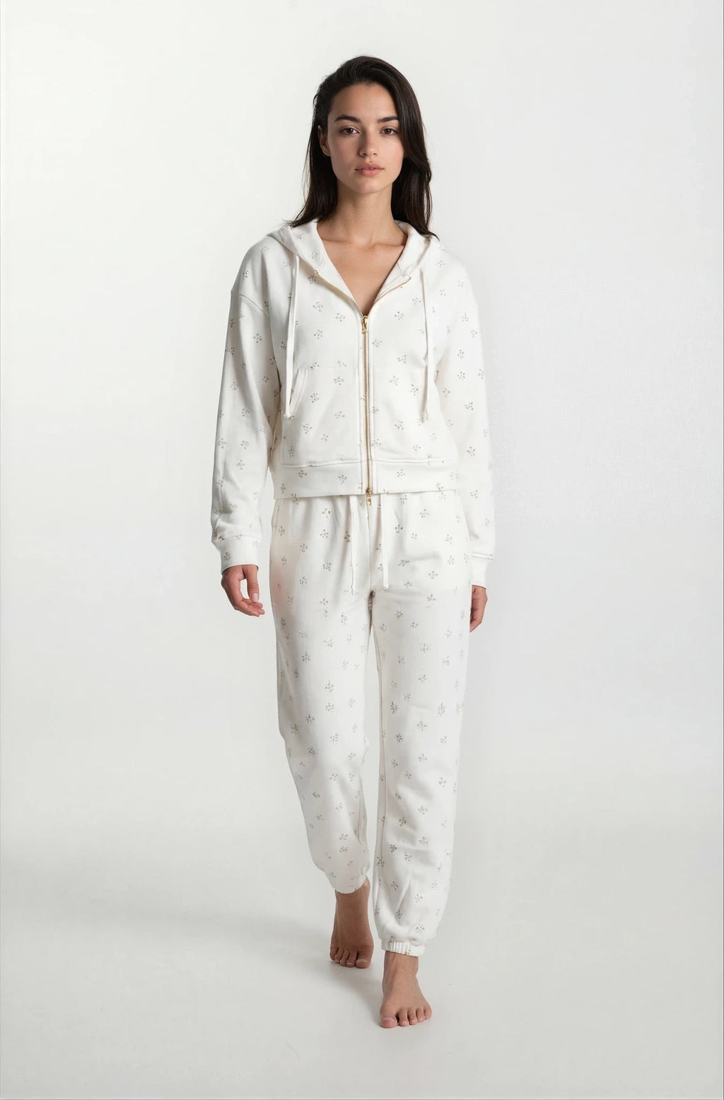 Camille – Cotton Signature Print Zip Hoodie & Jogger Leisure Set 2PC In Floral