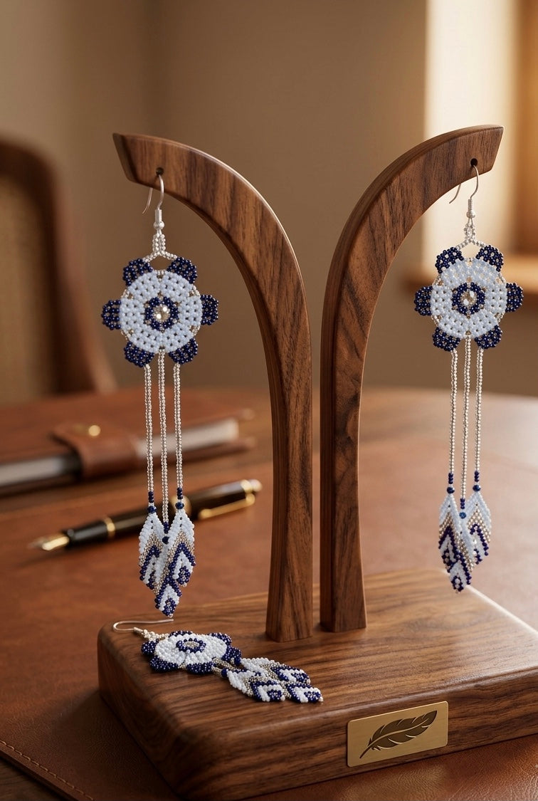 Sun Feather Bloom Beaded Earrings- white/silver/blue