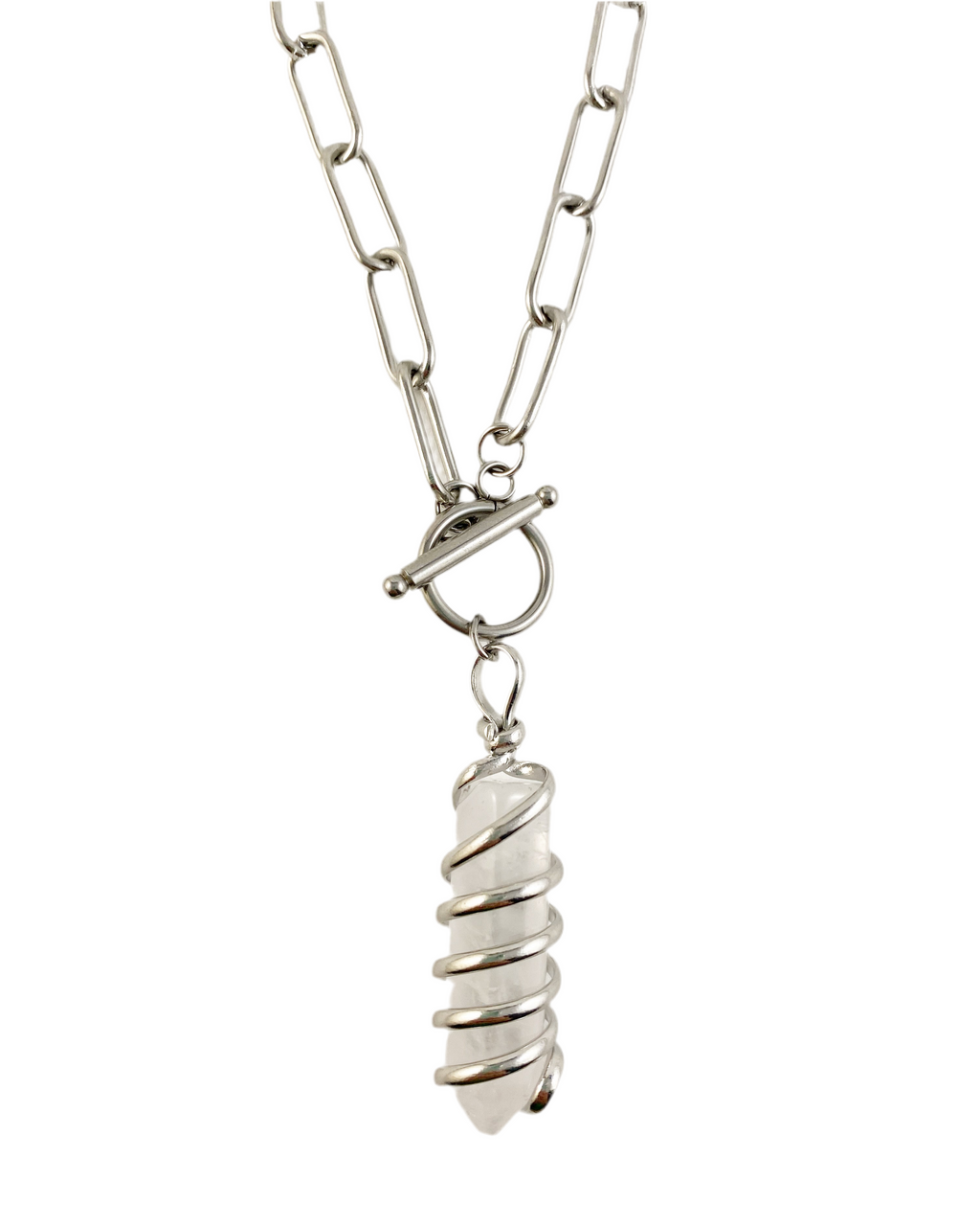 Clear Quartz Double Wrap Paper Clip Necklace in Silver