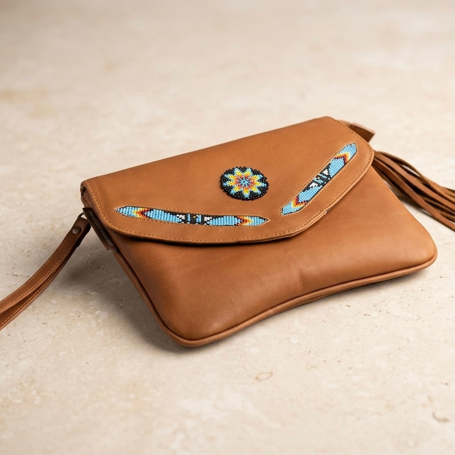 Leather beaded Crossbody bag(Brown)