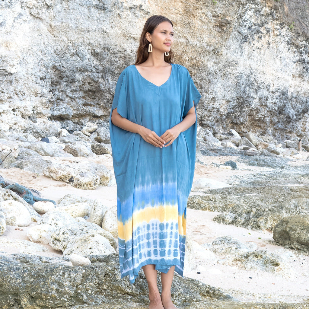 Beach Stripe & Tie Dye Kaftan In Grey