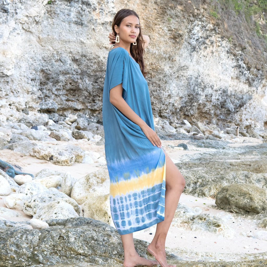 Beach Stripe & Tie Dye Kaftan In Grey