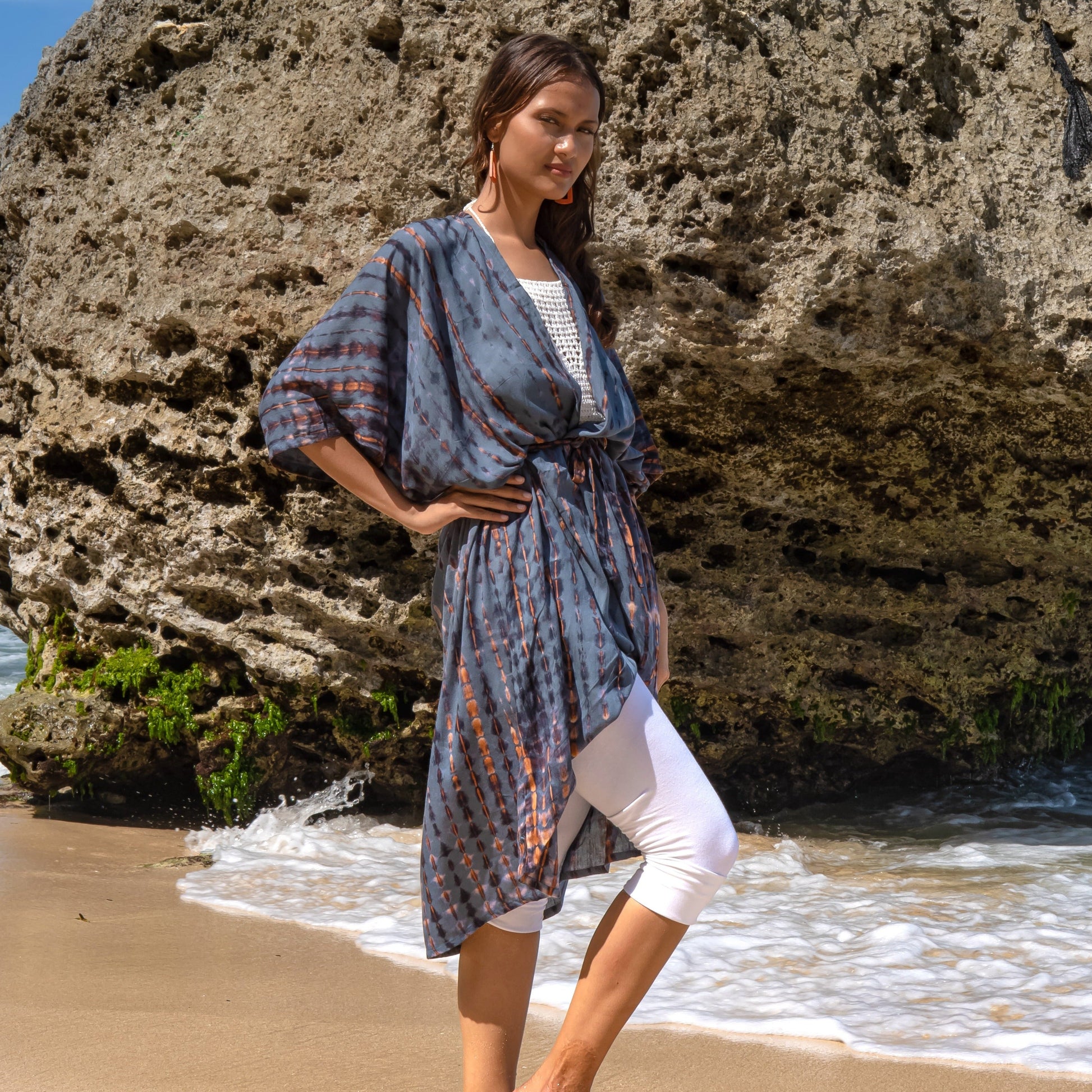 Long Kimono In Denim & Gold Tie Dye