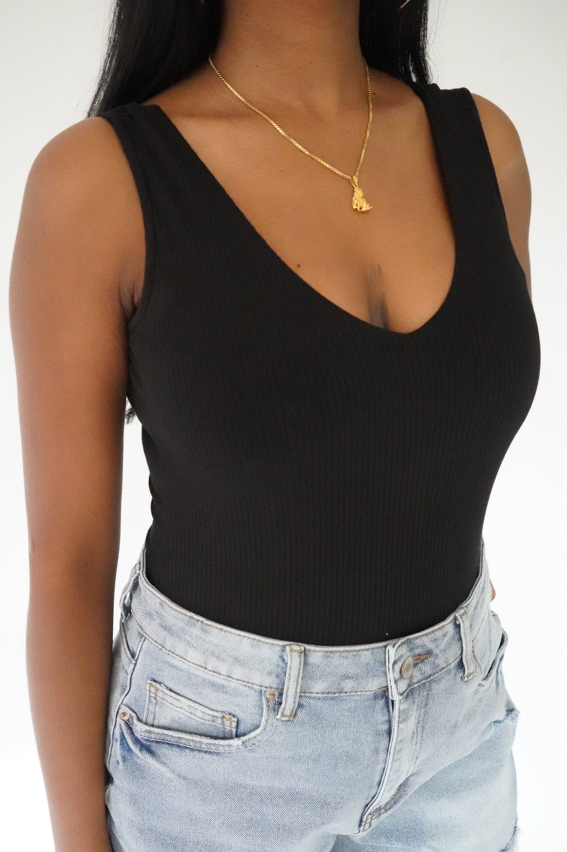 Black Ribbed V-Neck Bodysuit