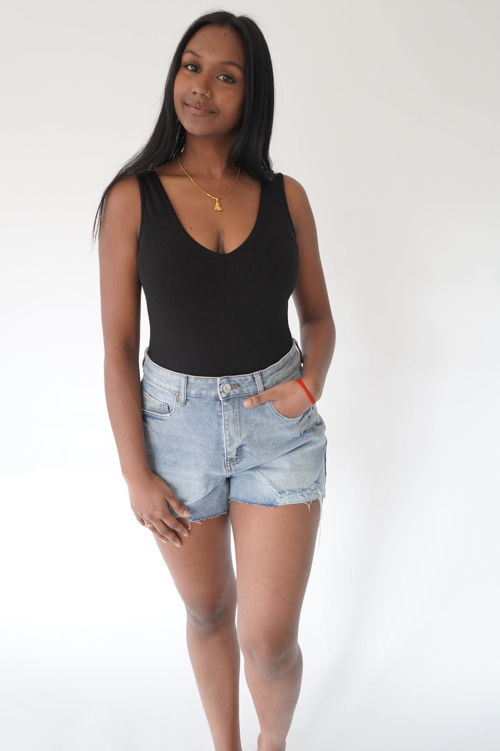 Black Ribbed V-Neck Bodysuit