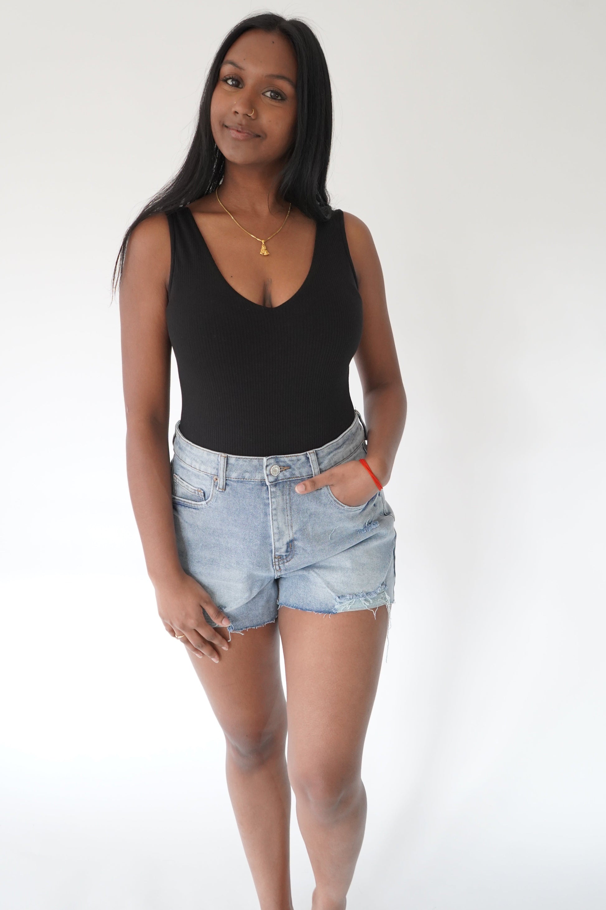 Black Ribbed V-Neck Bodysuit