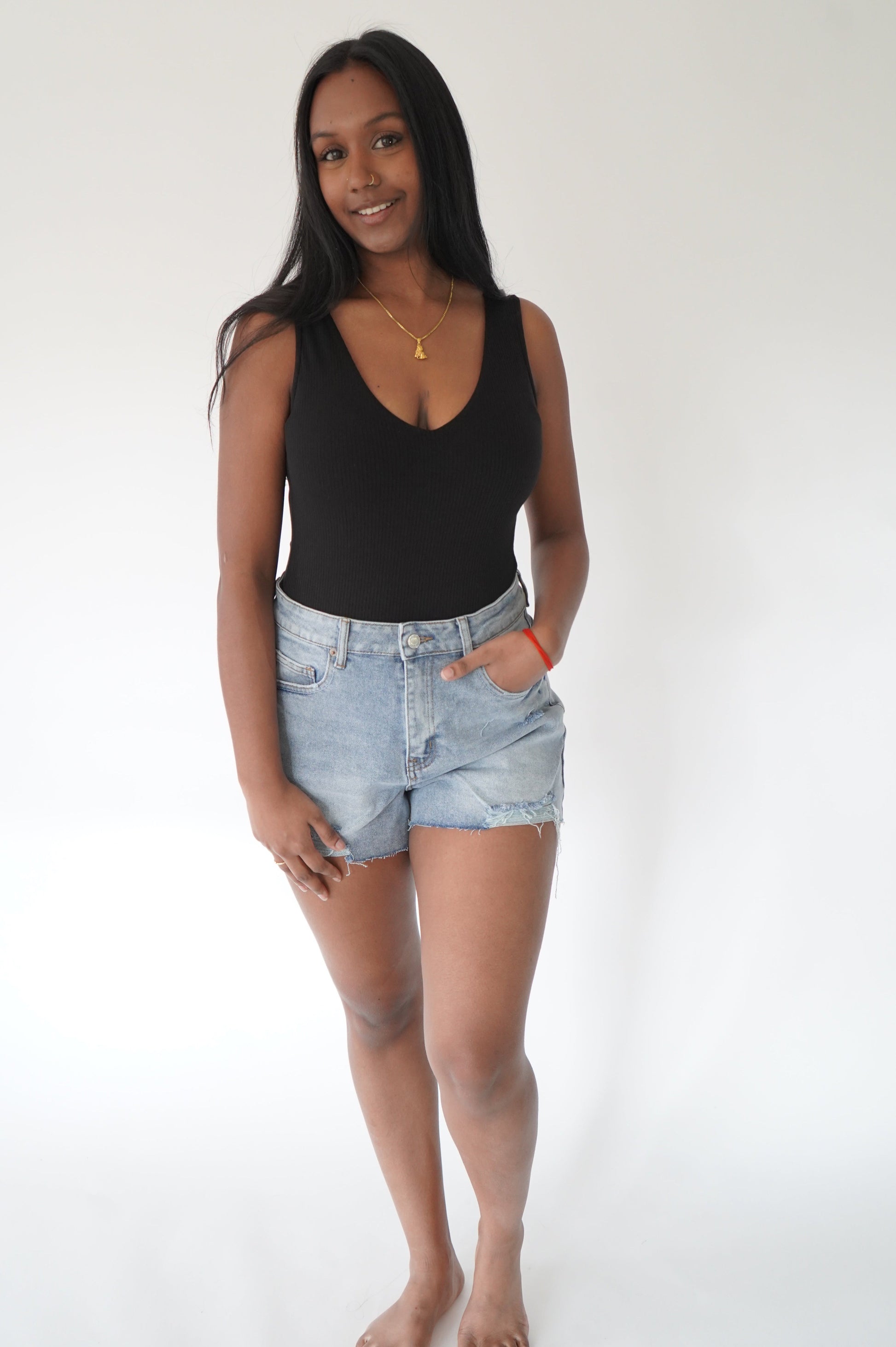 Black Ribbed V-Neck Bodysuit