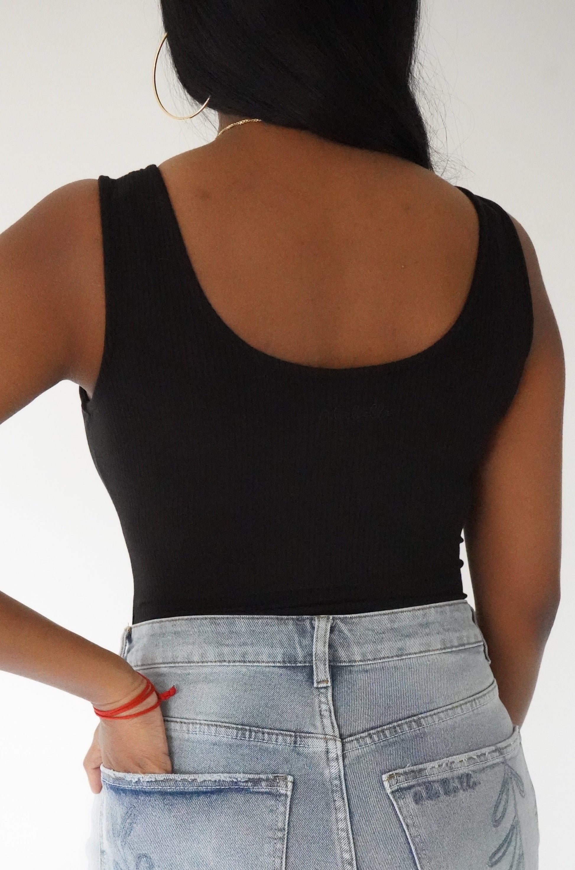 Black Ribbed V-Neck Bodysuit