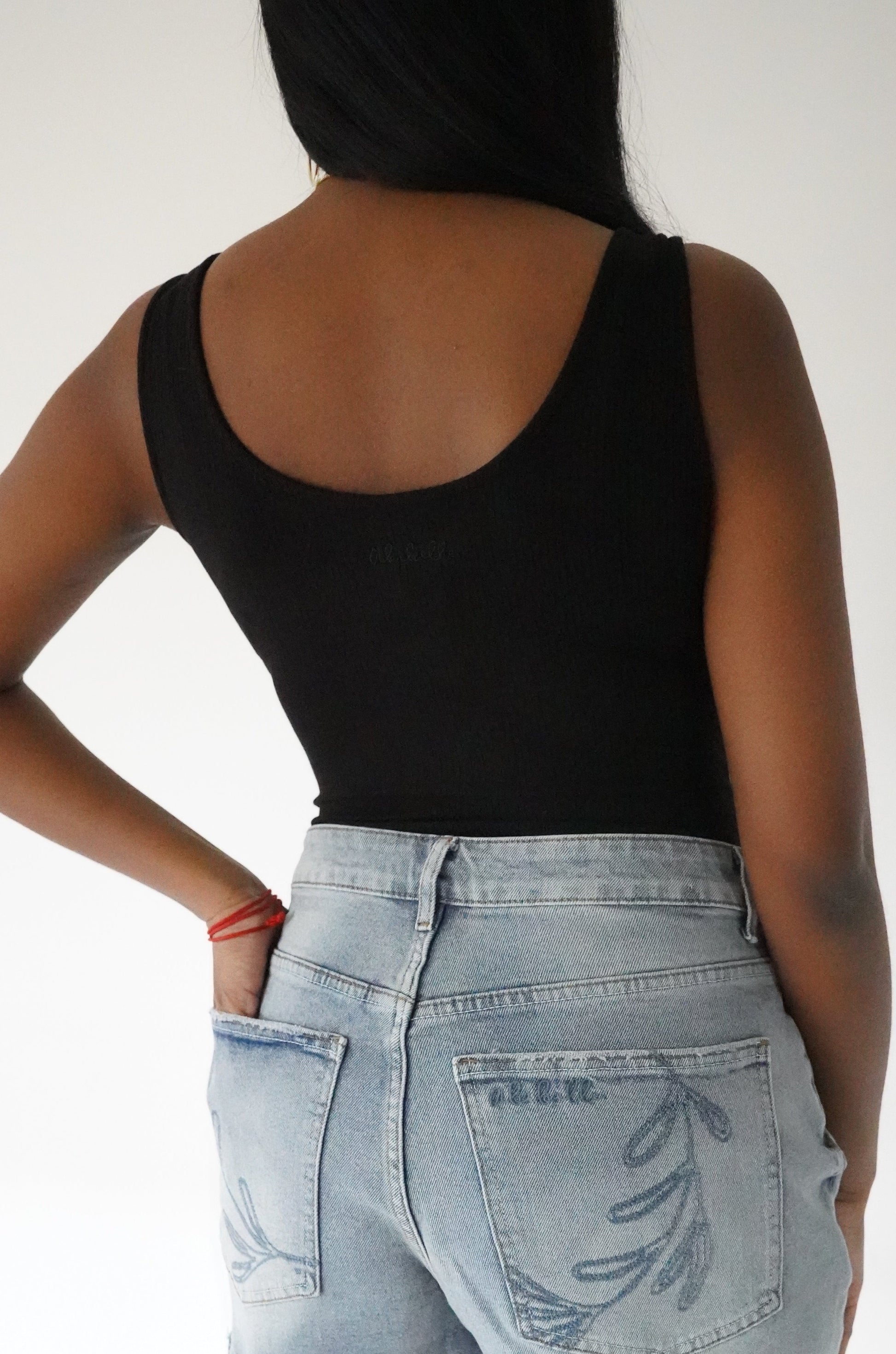 Black Ribbed V-Neck Bodysuit