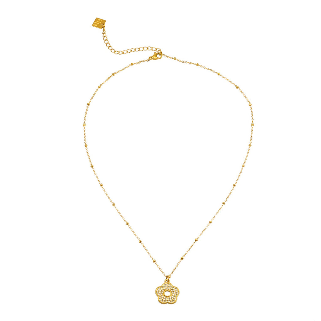 MELRINA Gold - Vintage Bloom: Beaded Chain Necklace with Pave Zirconia Flower Charm