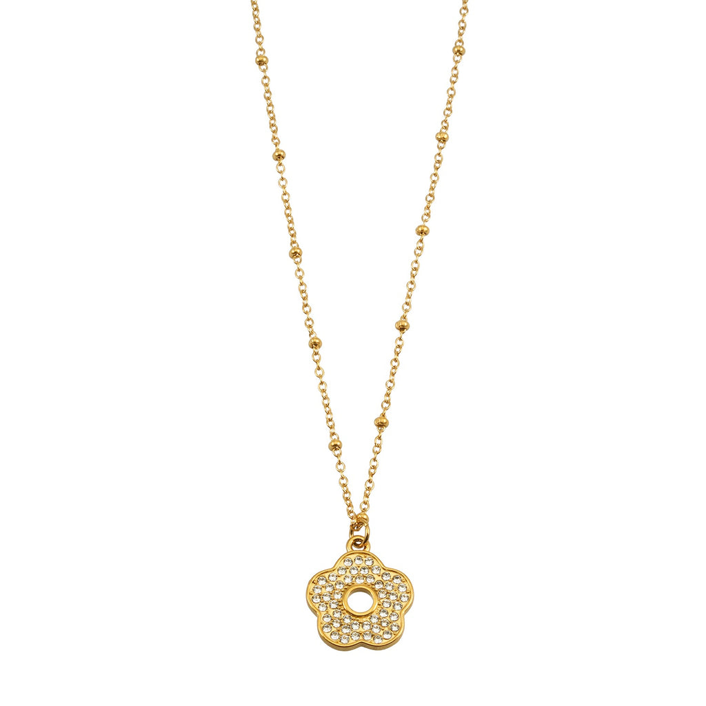 MELRINA Gold - Vintage Bloom: Beaded Chain Necklace with Pave Zirconia Flower Charm