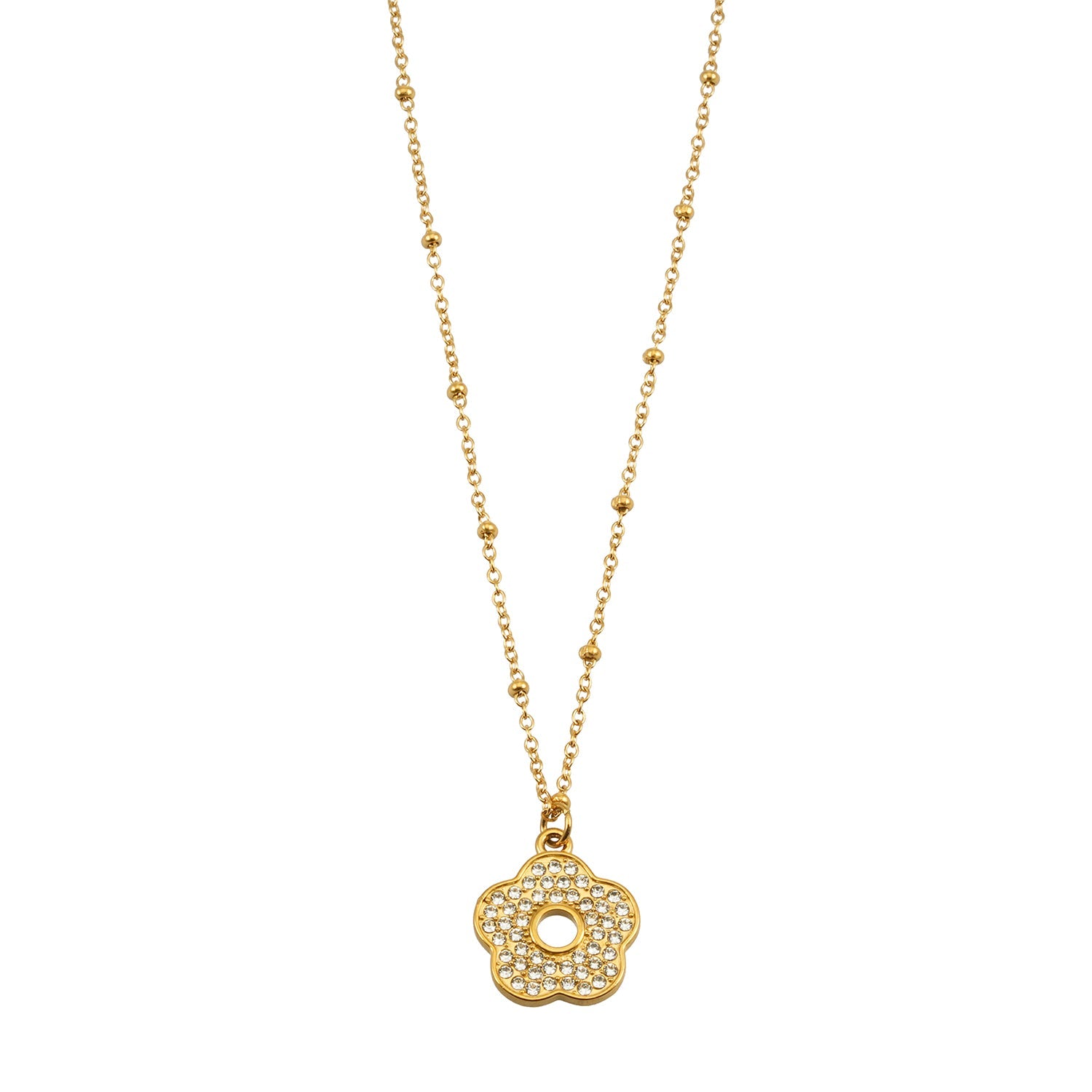 MELRINA Gold - Vintage Bloom: Beaded Chain Necklace with Pave Zirconia Flower Charm