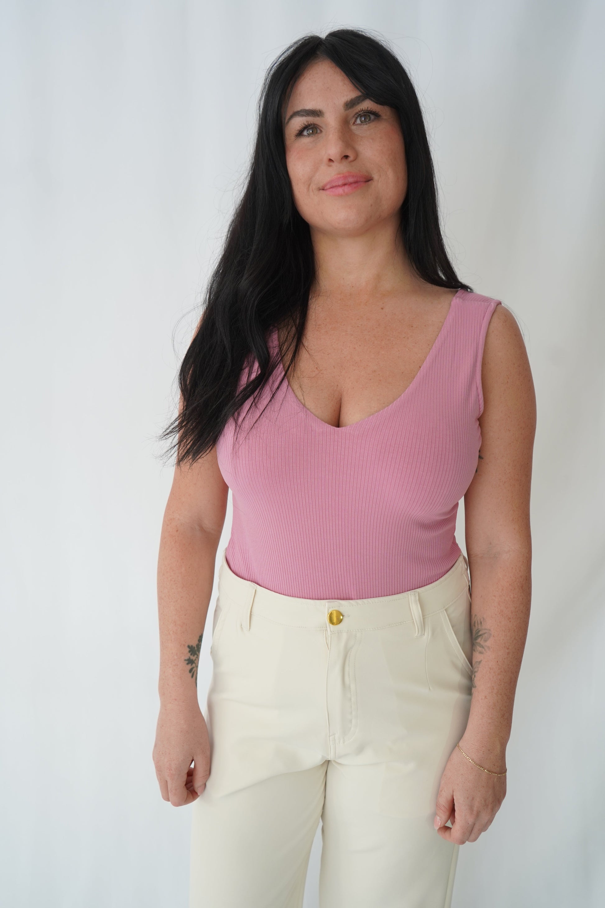 Pink Ribbed V-Neck Bodysuit