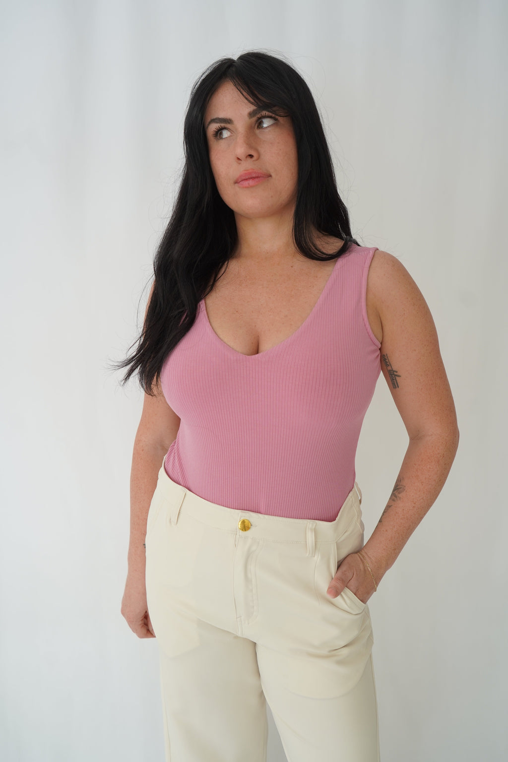 Pink Ribbed V-Neck Bodysuit