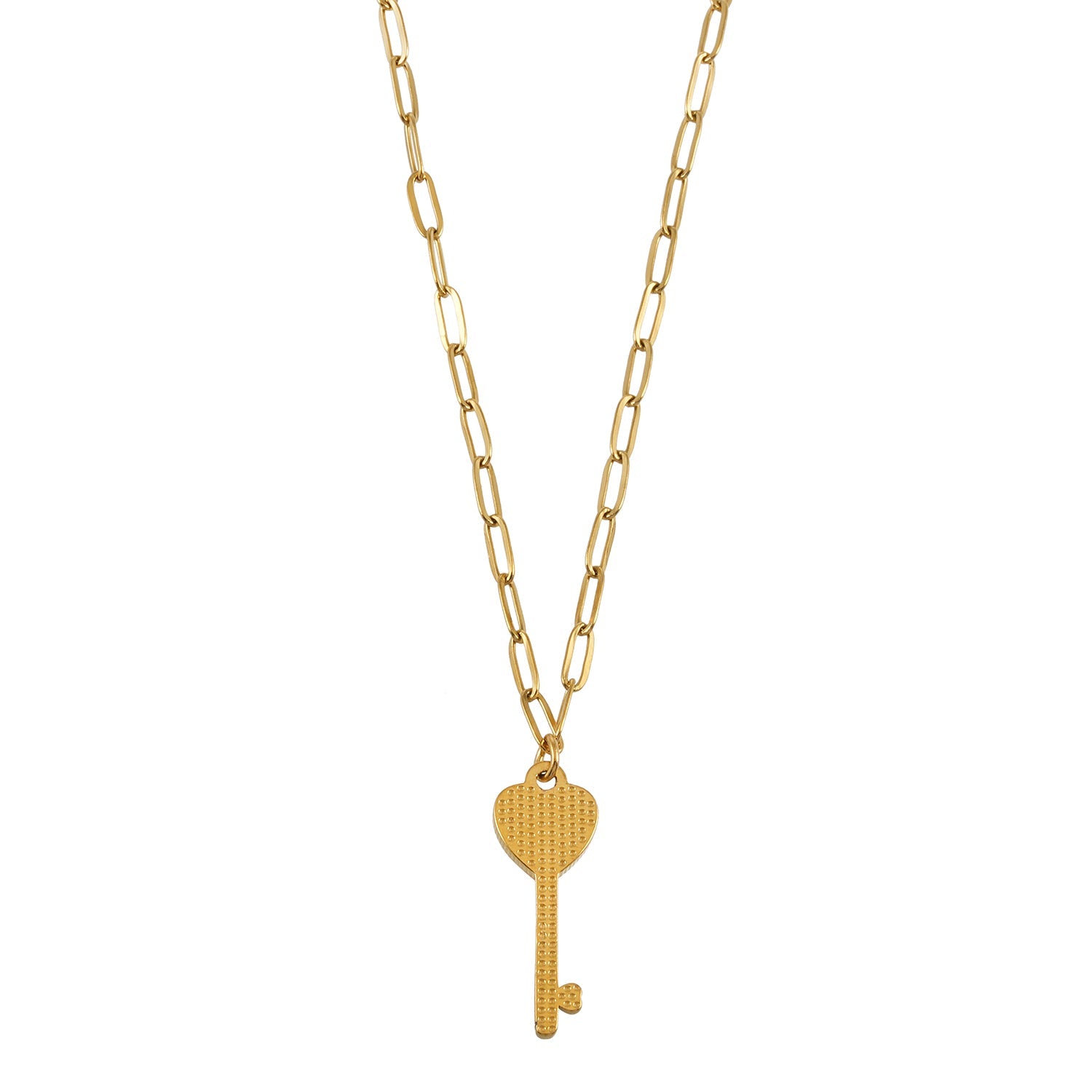 JAZRINA Gold: Pavé Key & Heart Pendant on a Paper Clip Chain Necklace