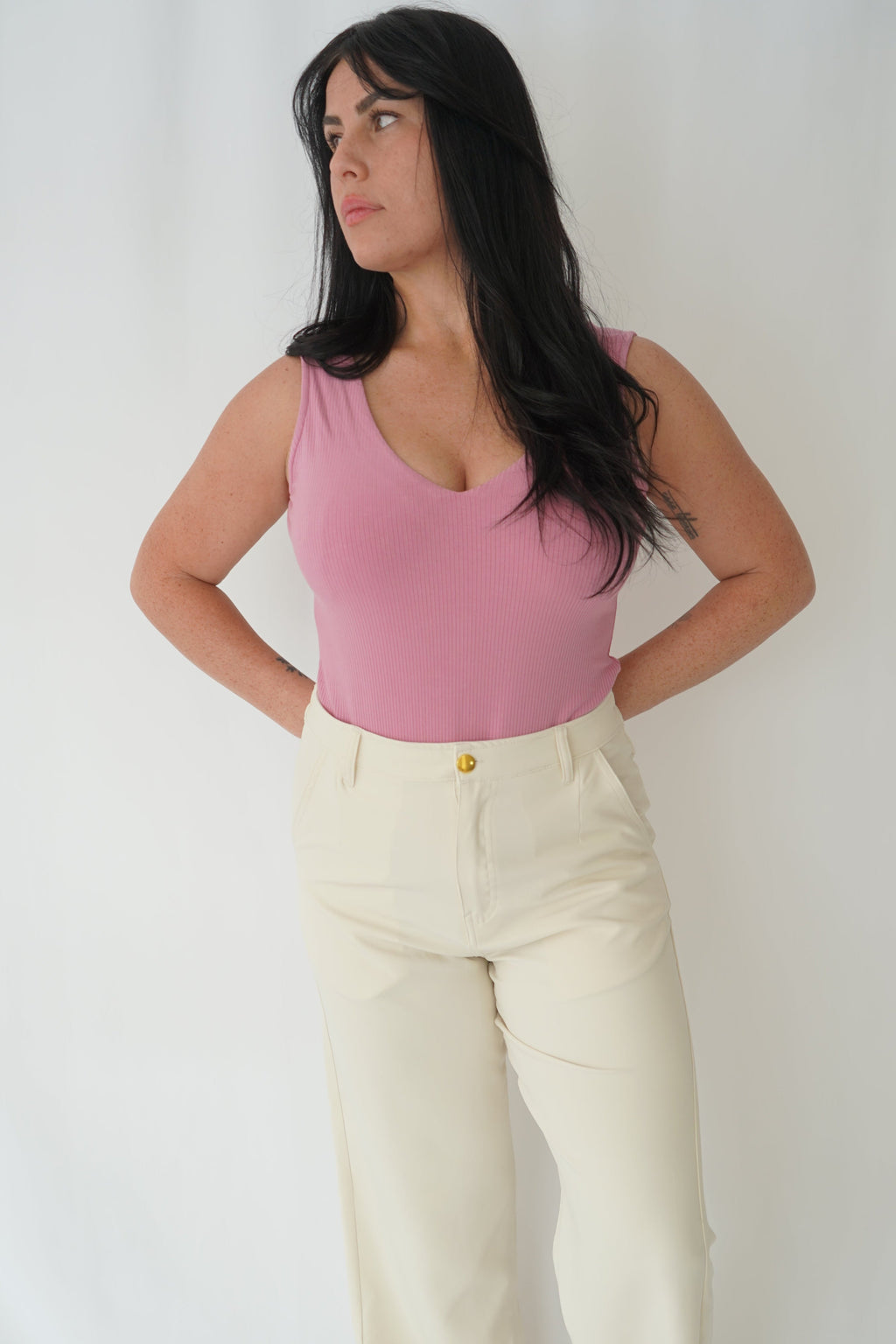 Pink Ribbed V-Neck Bodysuit