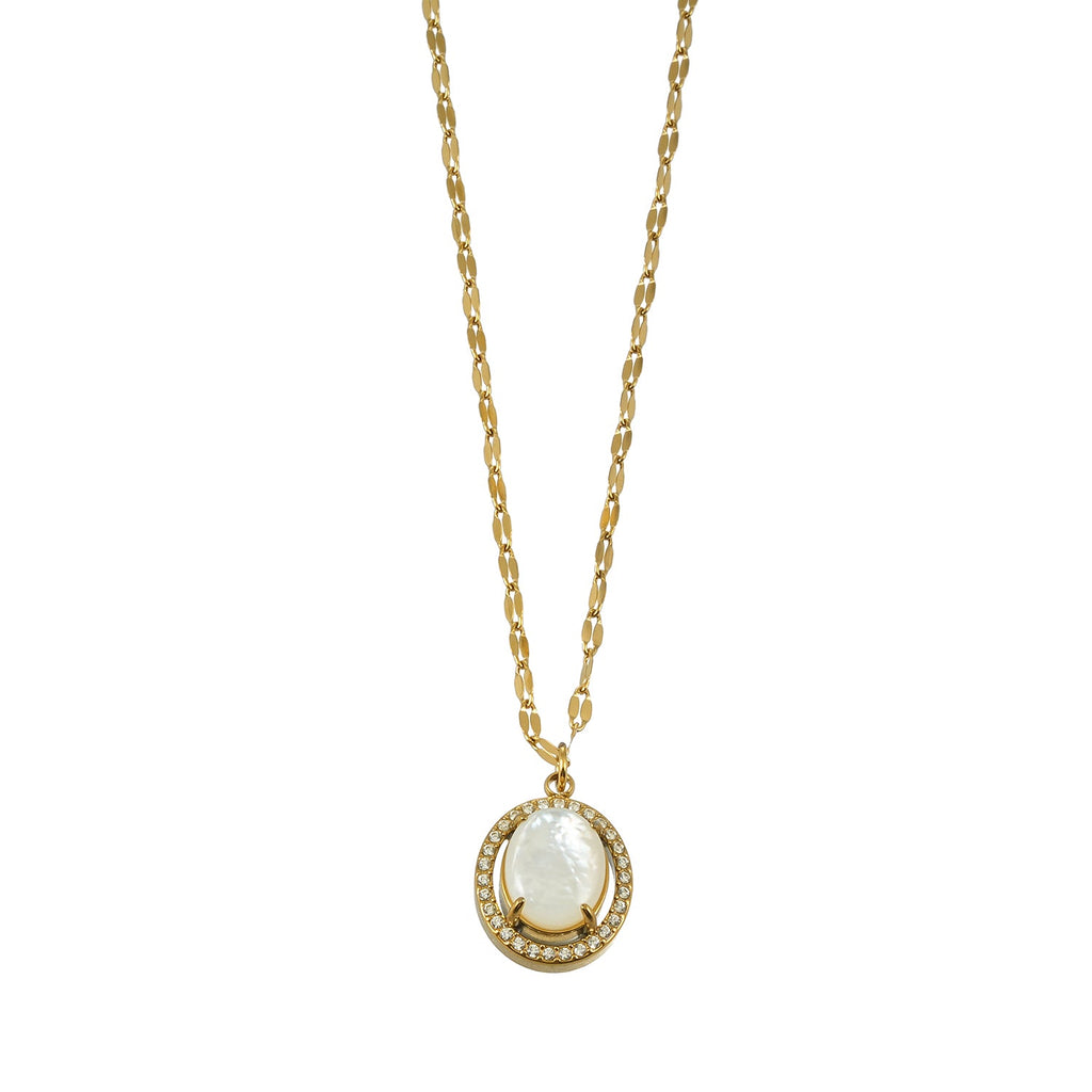 HAMMELA Gold: Pendant Necklace with a Pearl Centre & Crystal Halo