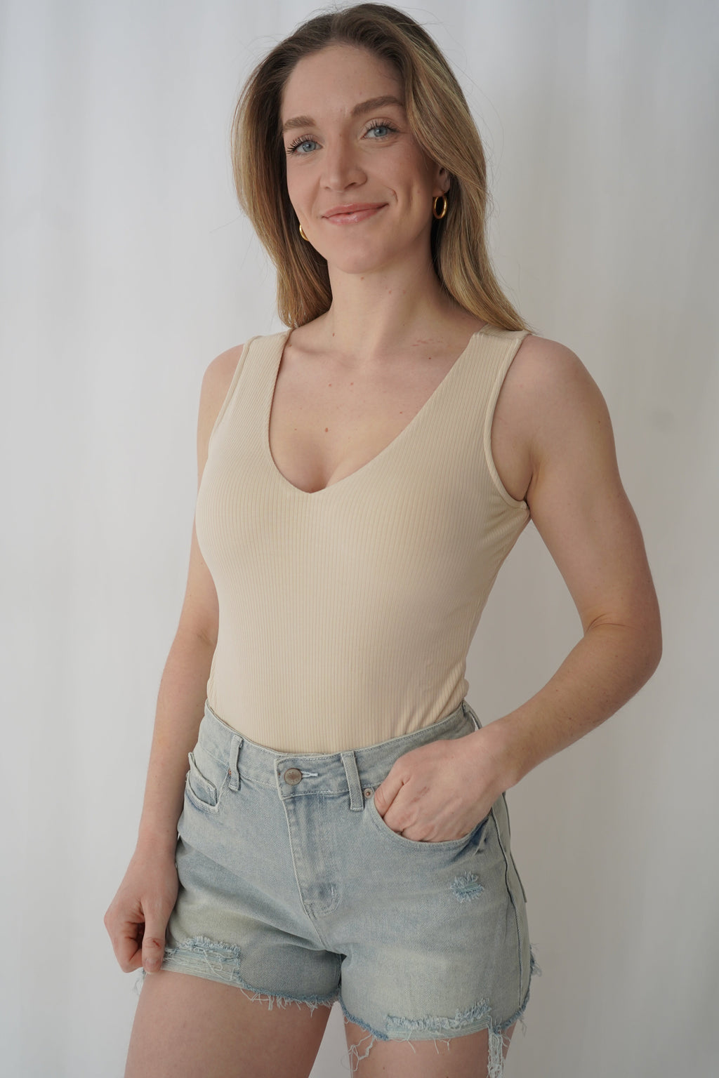 Beige Ribbed V-Neck Bodysuit