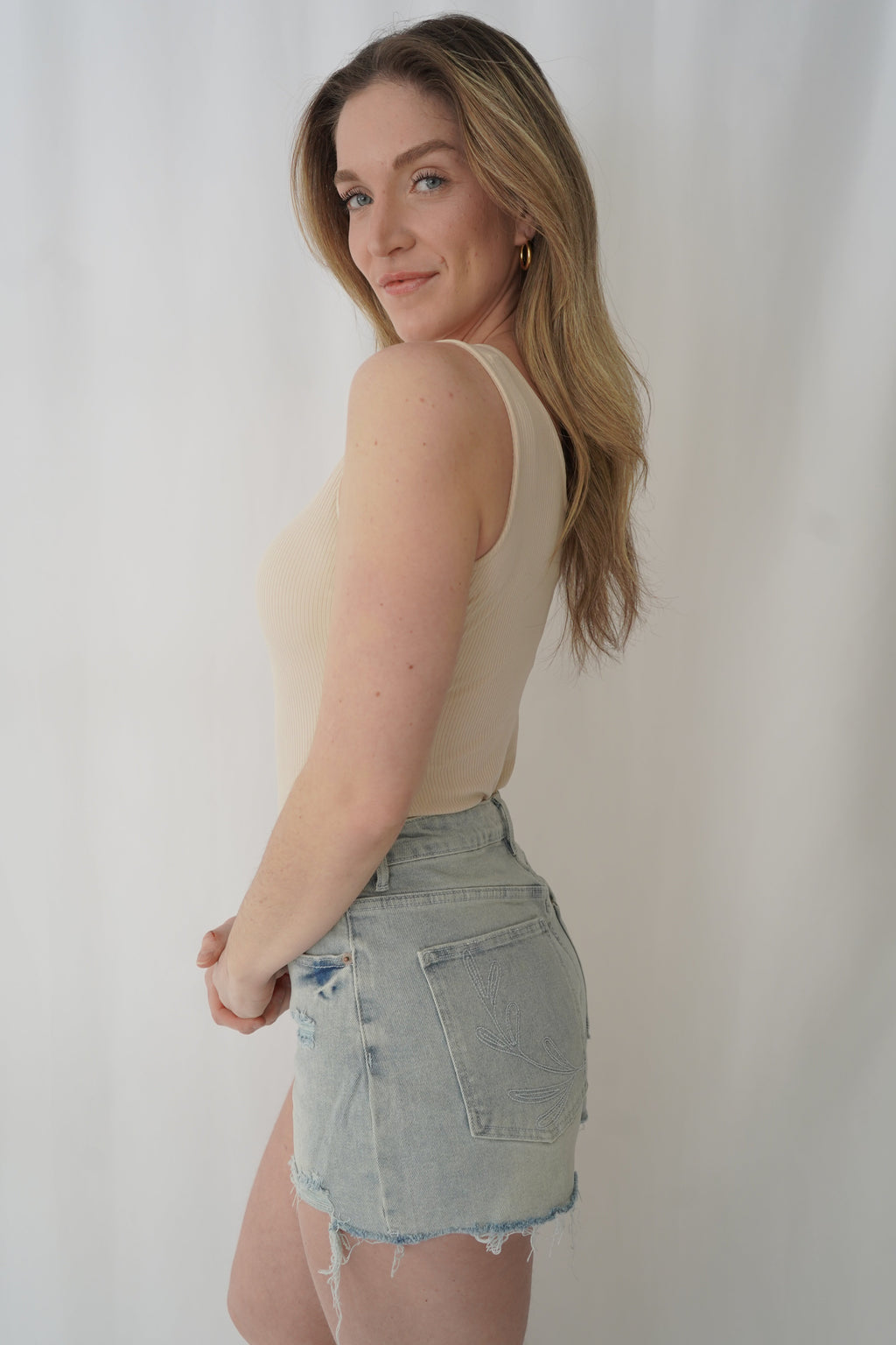 Beige Ribbed V-Neck Bodysuit