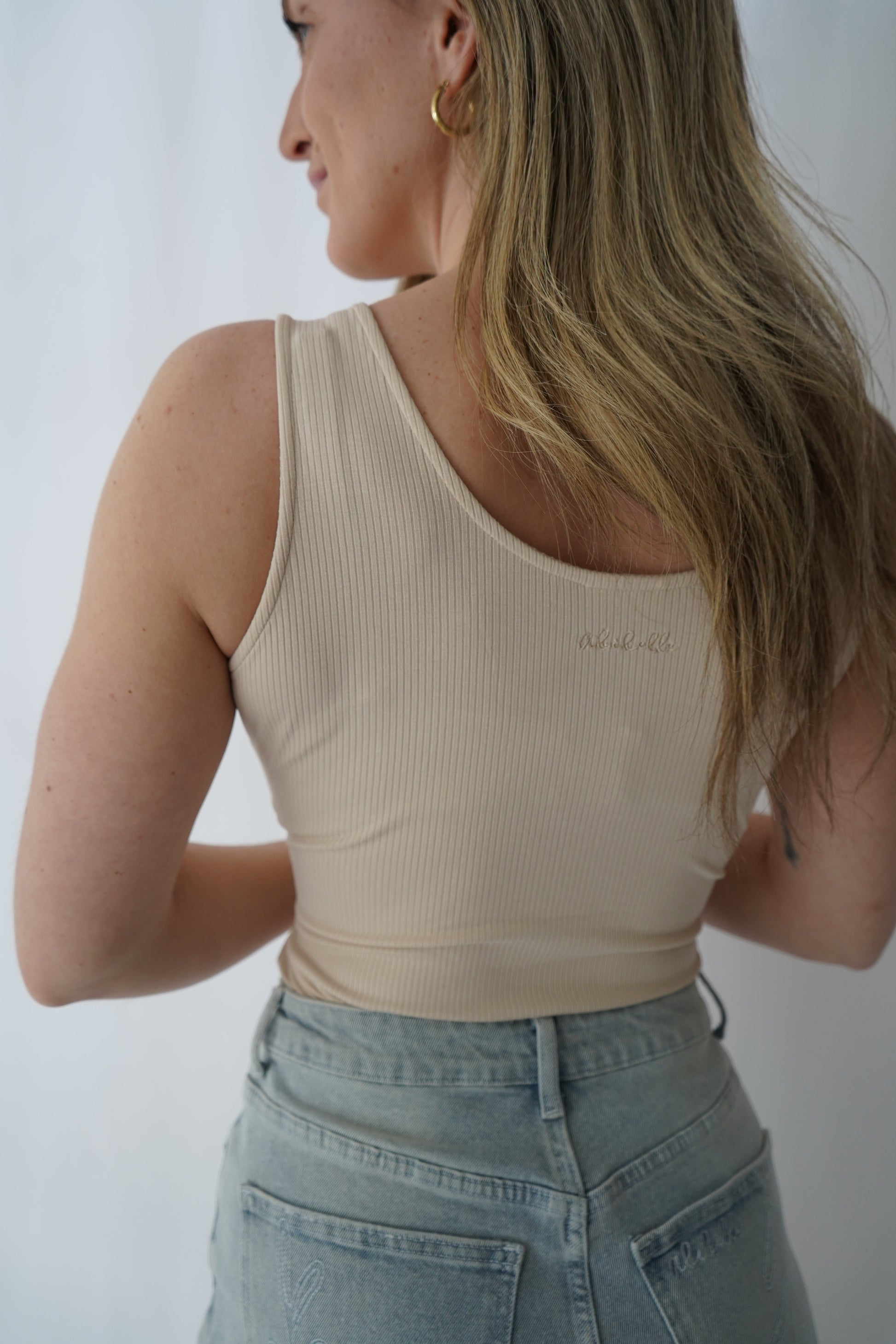 Beige Ribbed V-Neck Bodysuit