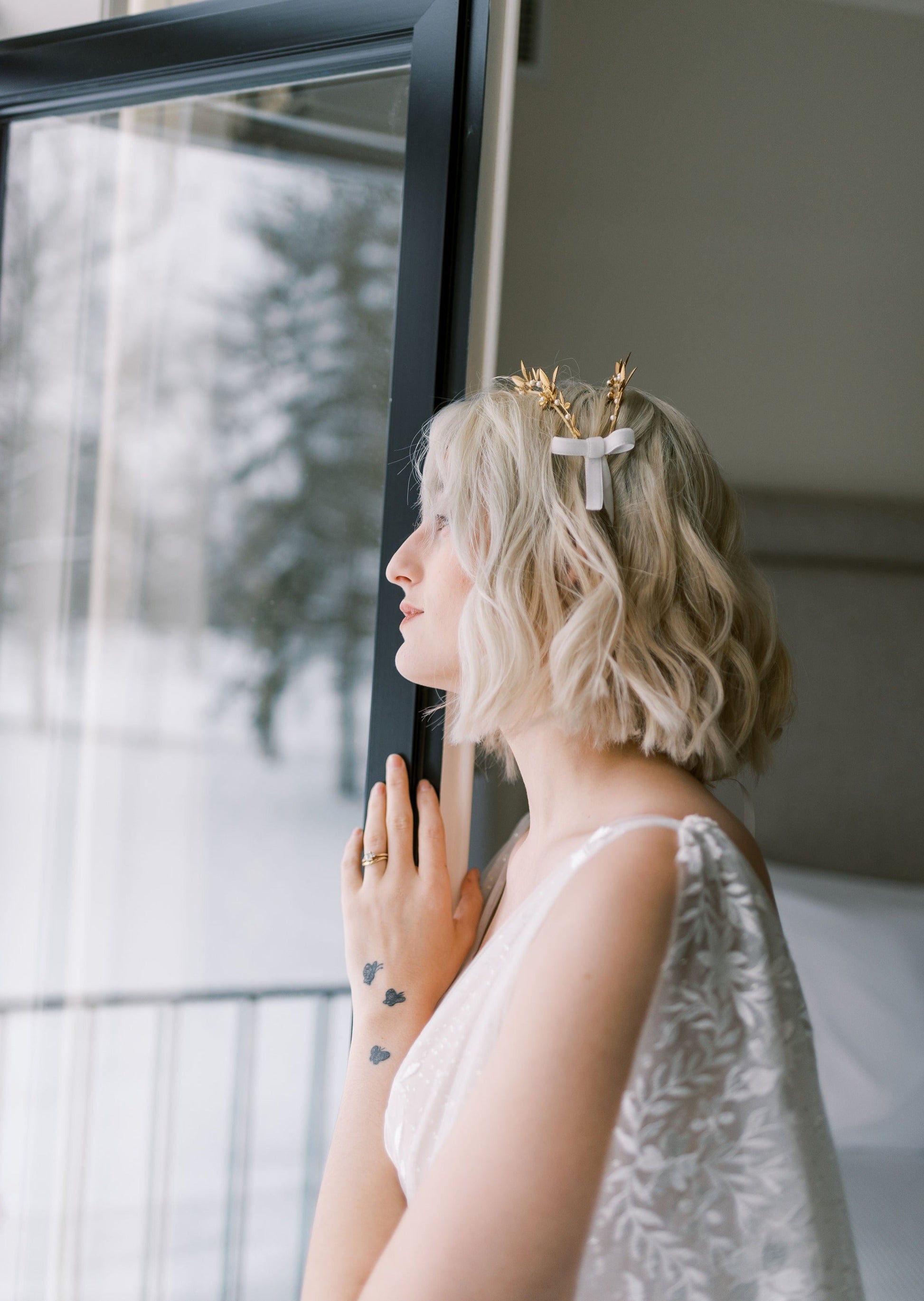 OPHELIA Golden Brass Double Headband Crown with Bows