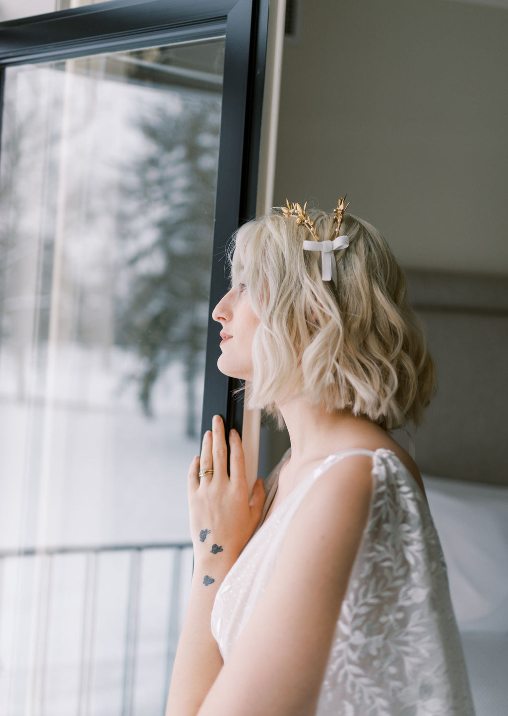 OPHELIA Golden Brass Double Headband Crown with Bows