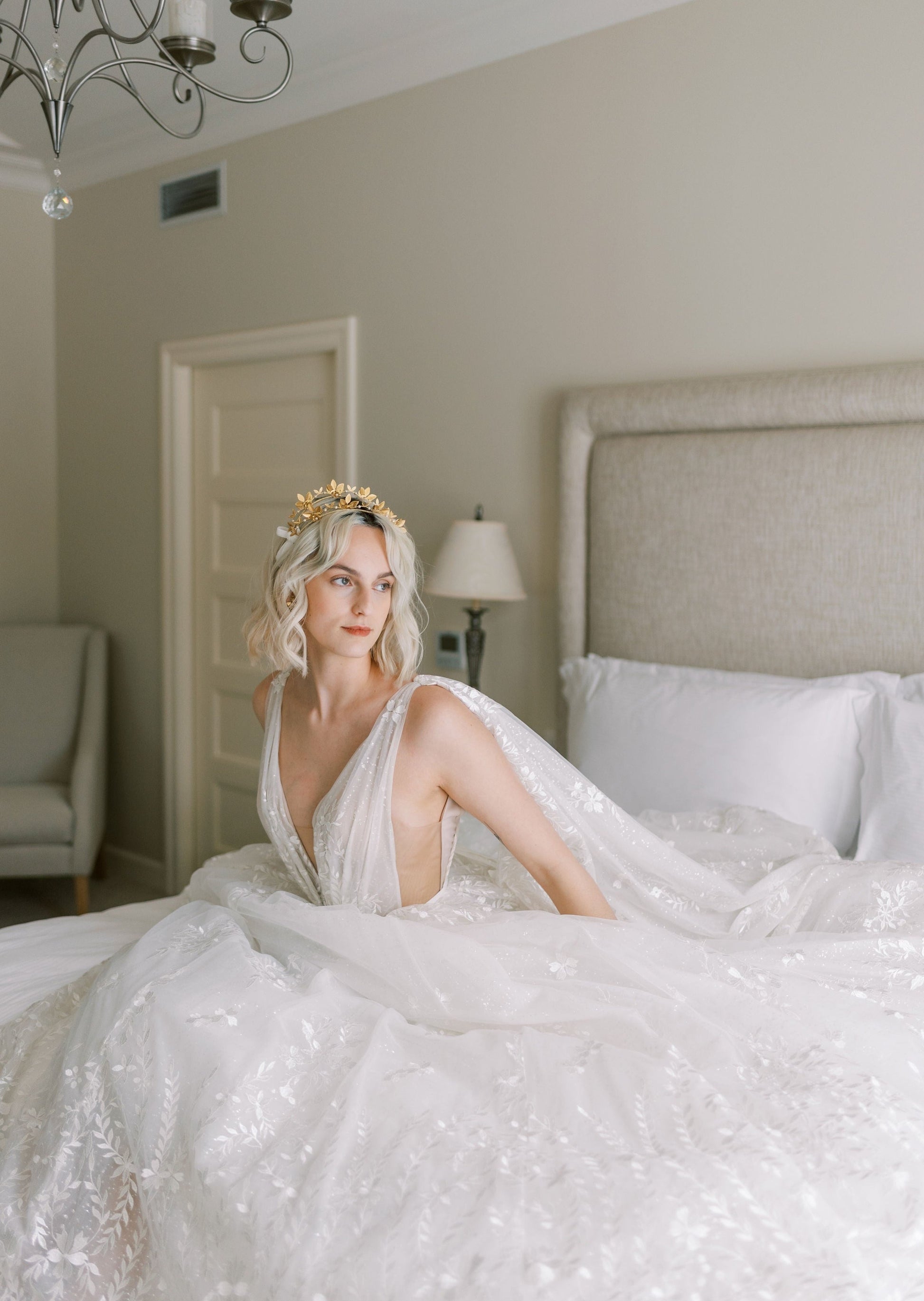 OPHELIA Golden Brass Double Headband Crown with Bows