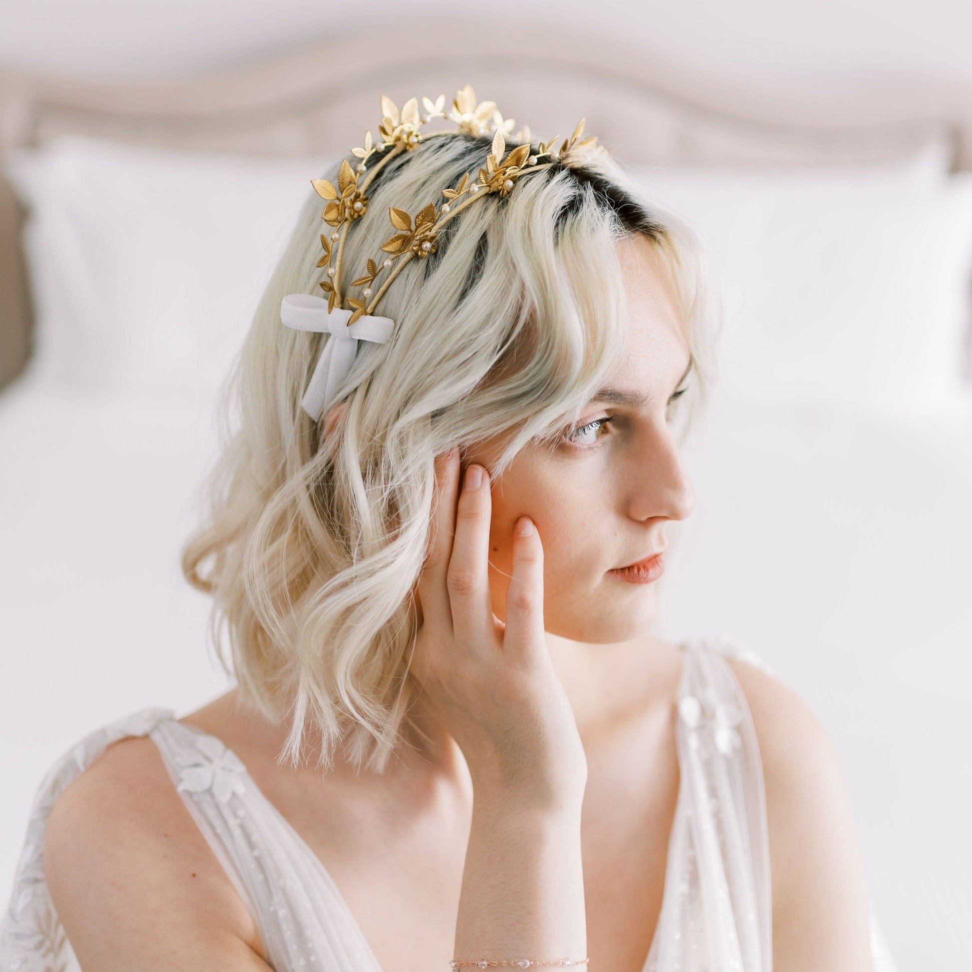 OPHELIA Golden Brass Double Headband Crown with Bows