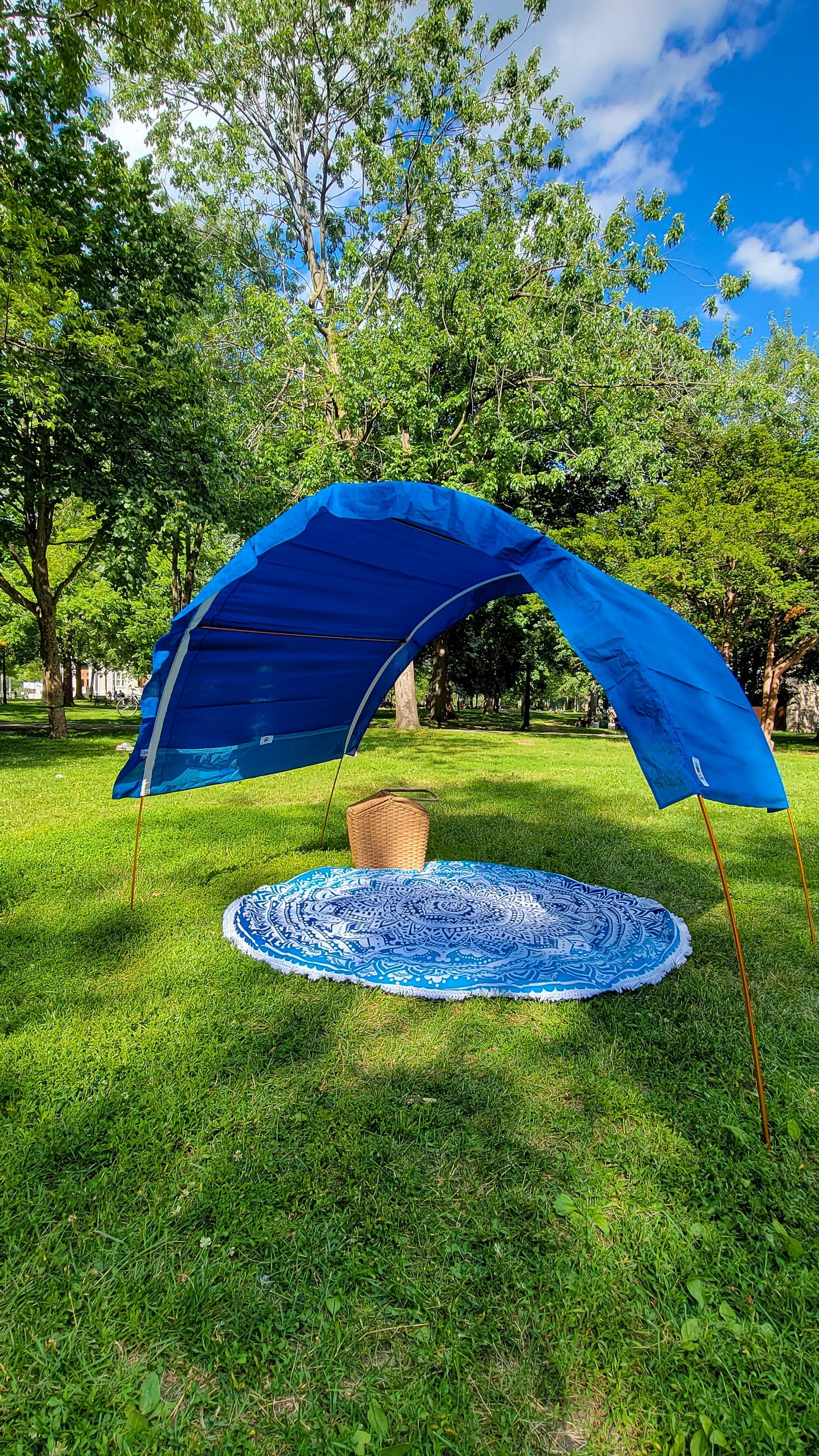 A blue canopy tent with a matching round blue mat set up on a green grassy lawn in a park with trees and a blue sky in the background.