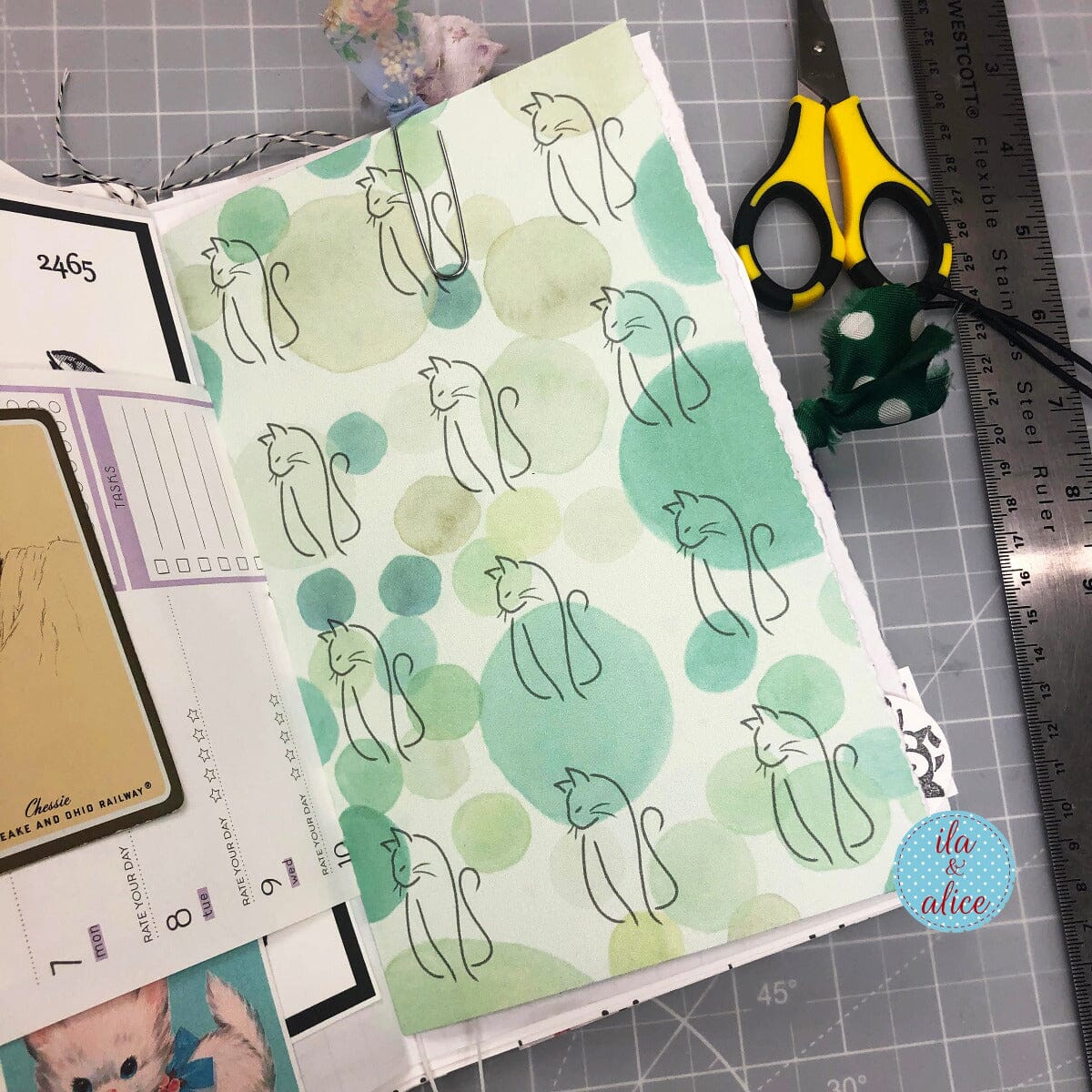 Digital Cat Junk Journal Paper-Green-5 Papers