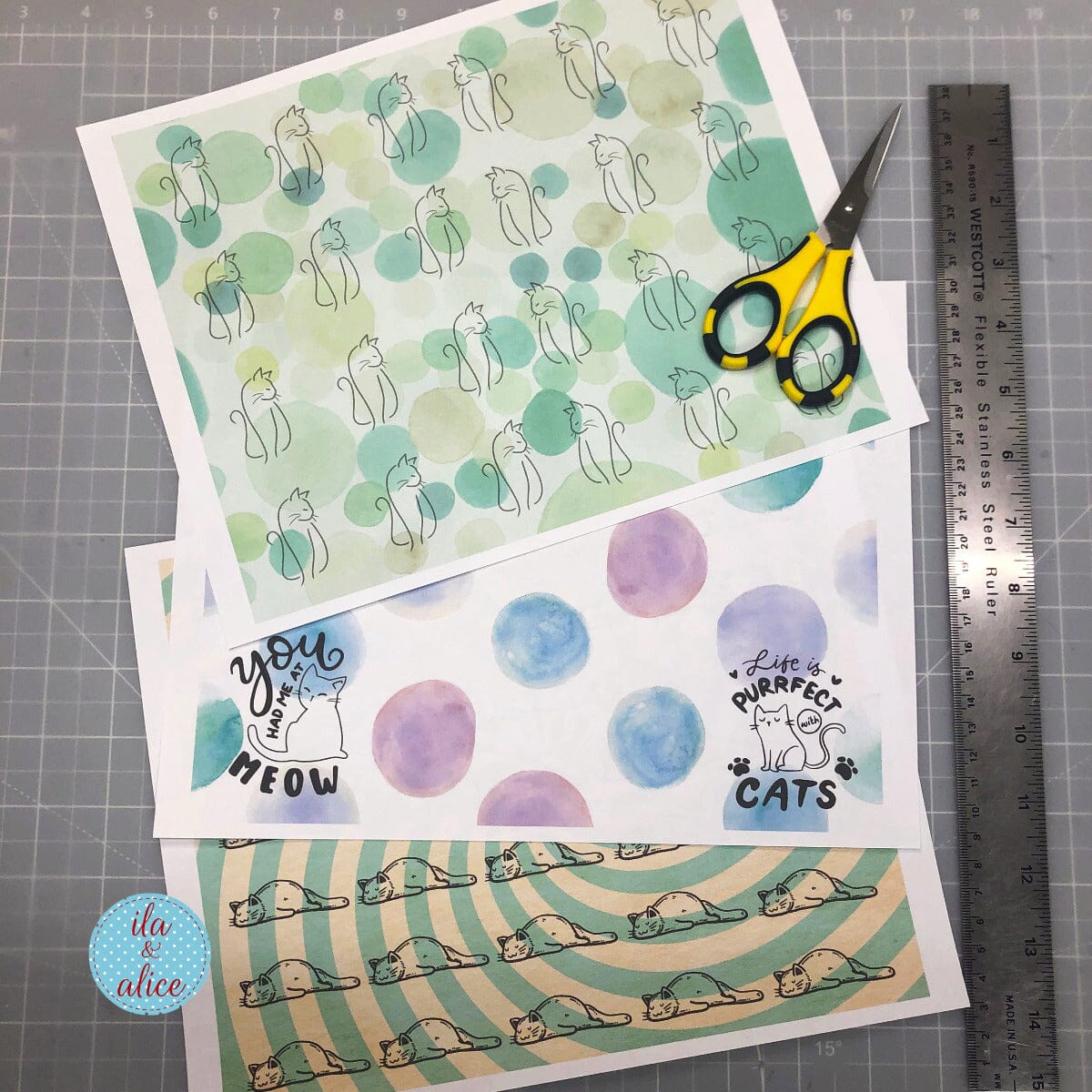 Digital Cat Junk Journal Paper-Green-5 Papers