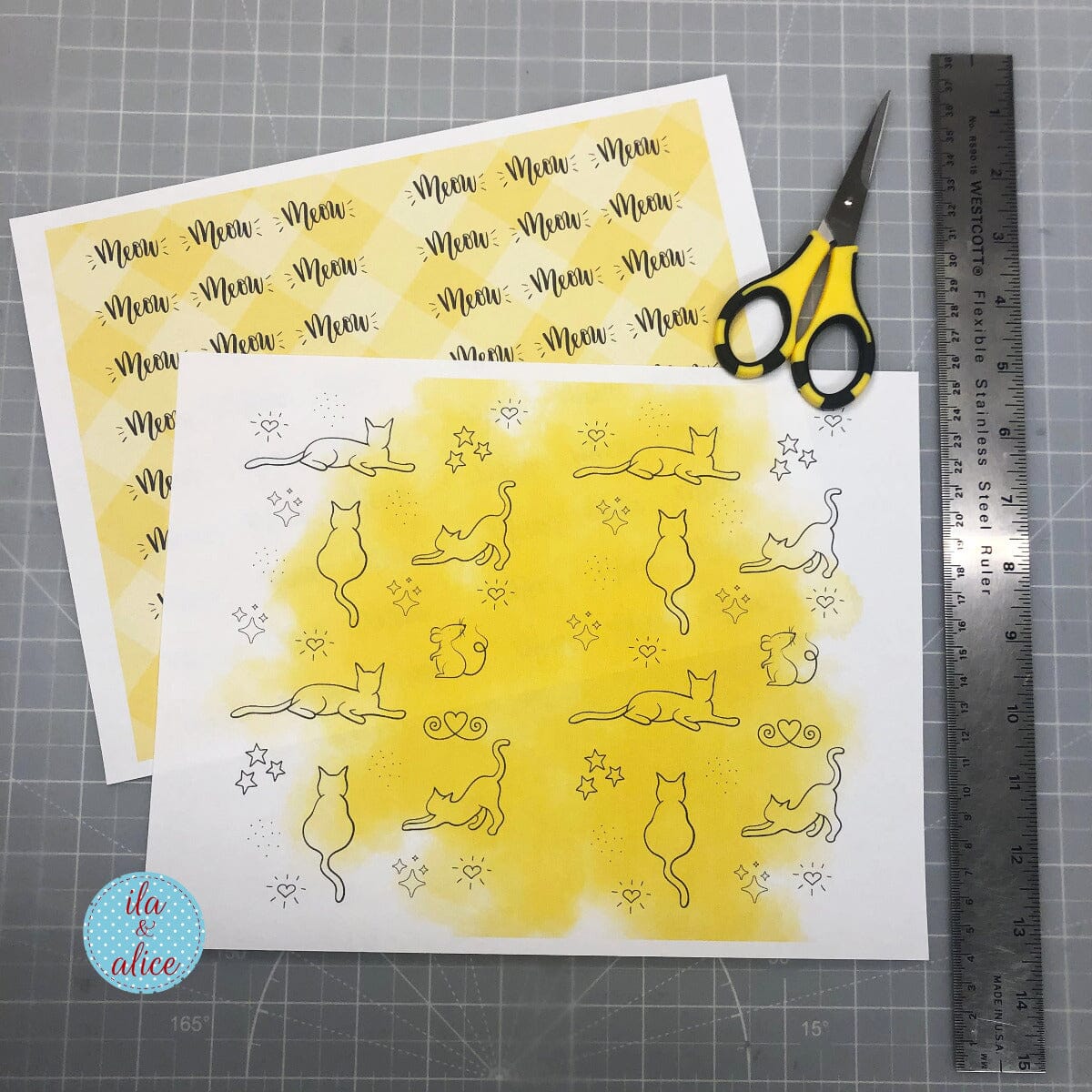 Digital Cat Junk Journal Paper-Yellow-5 Papers
