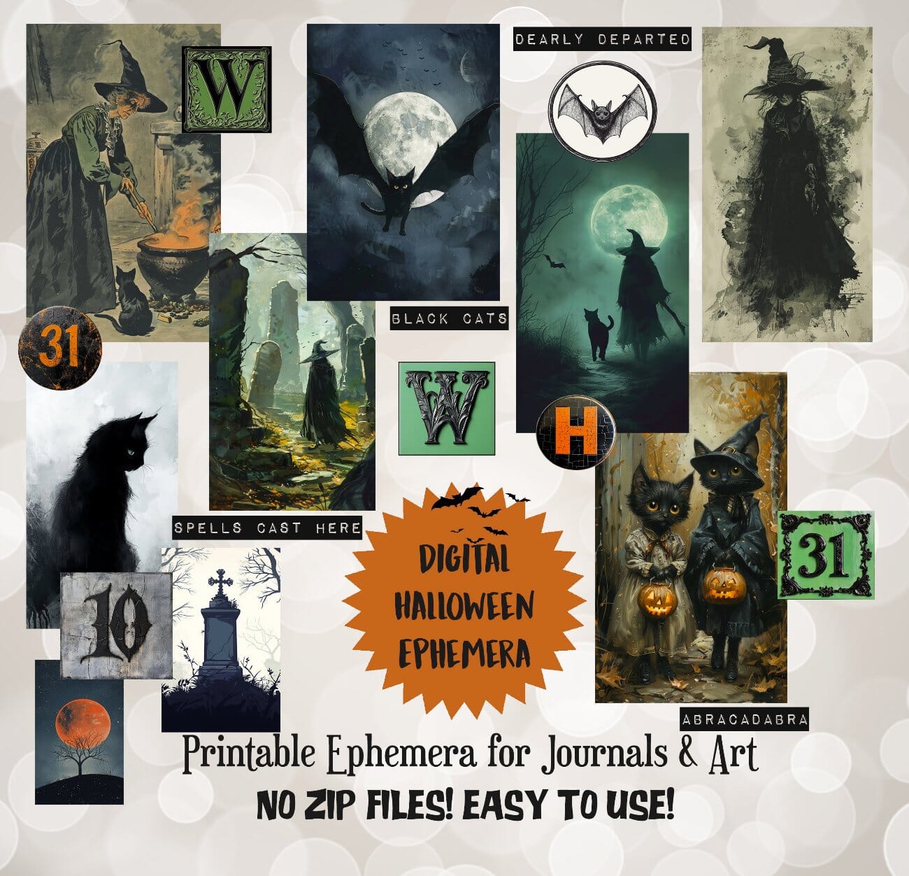 Digital Halloween Art Junk Journal Ephemera with Tags