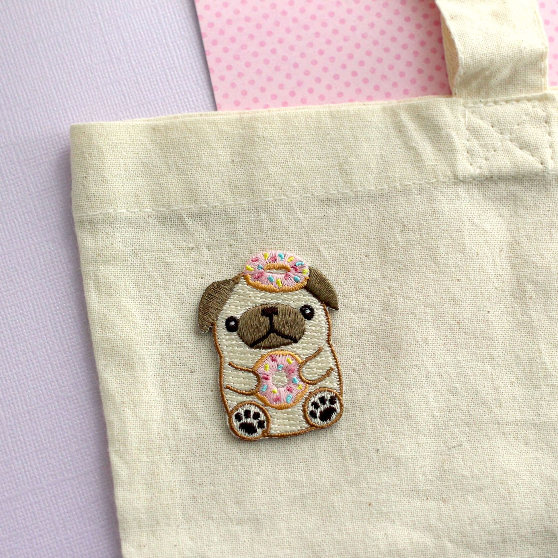 Donut Pug Embroidered Patch. Dog Iron-On Patch