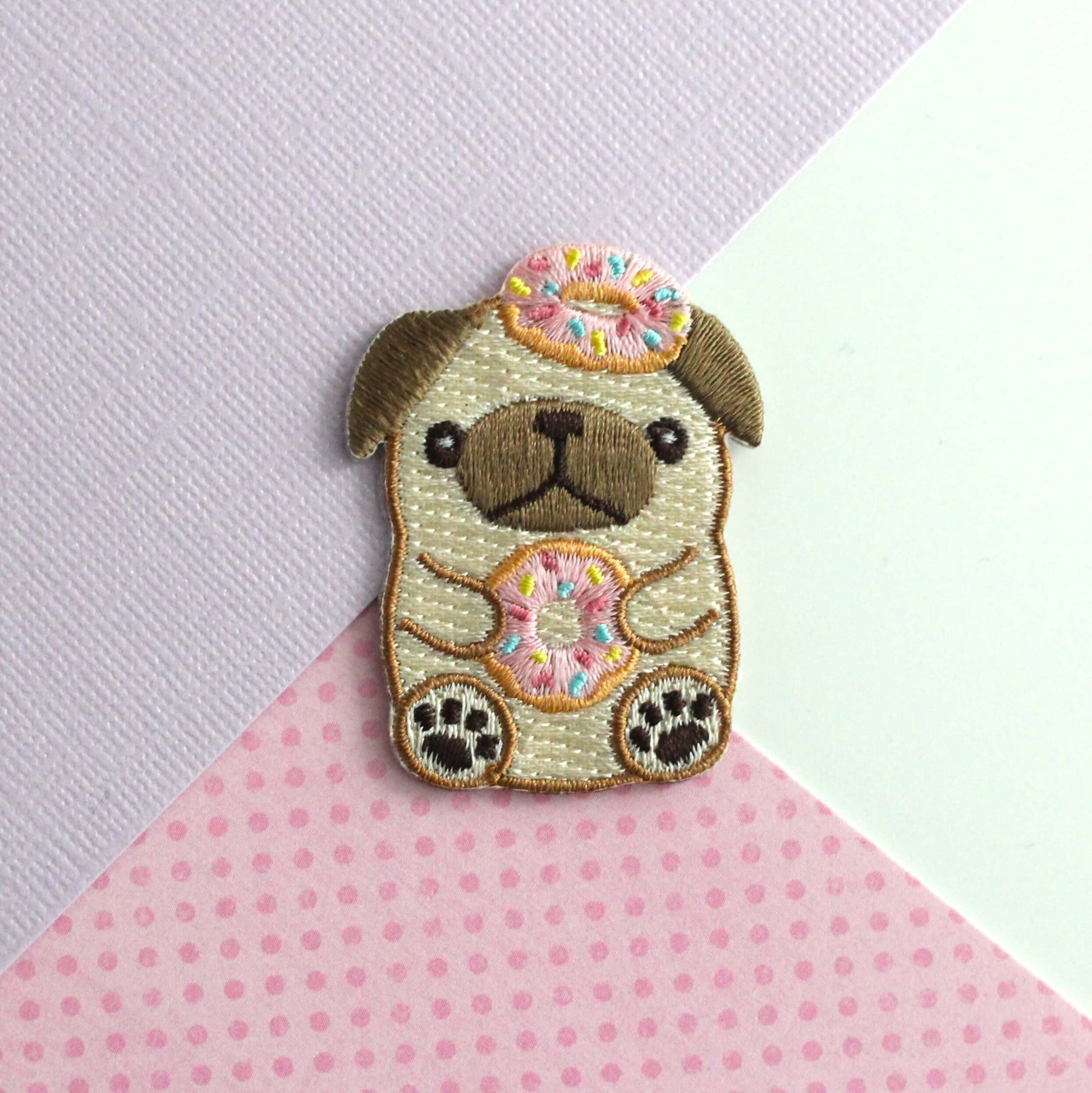 Donut Pug Embroidered Patch. Dog Iron-On Patch