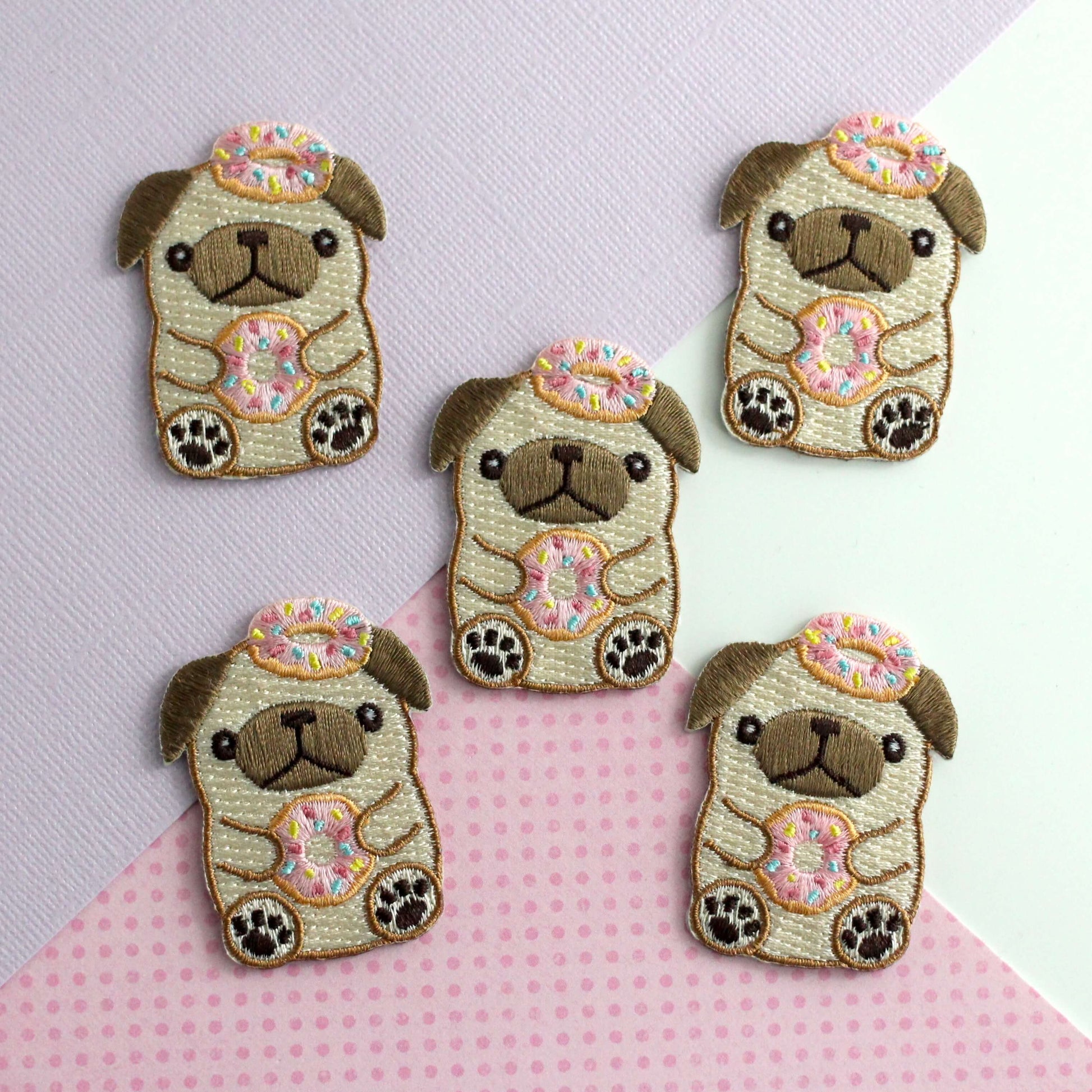 Donut Pug Embroidered Patch. Dog Iron-On Patch